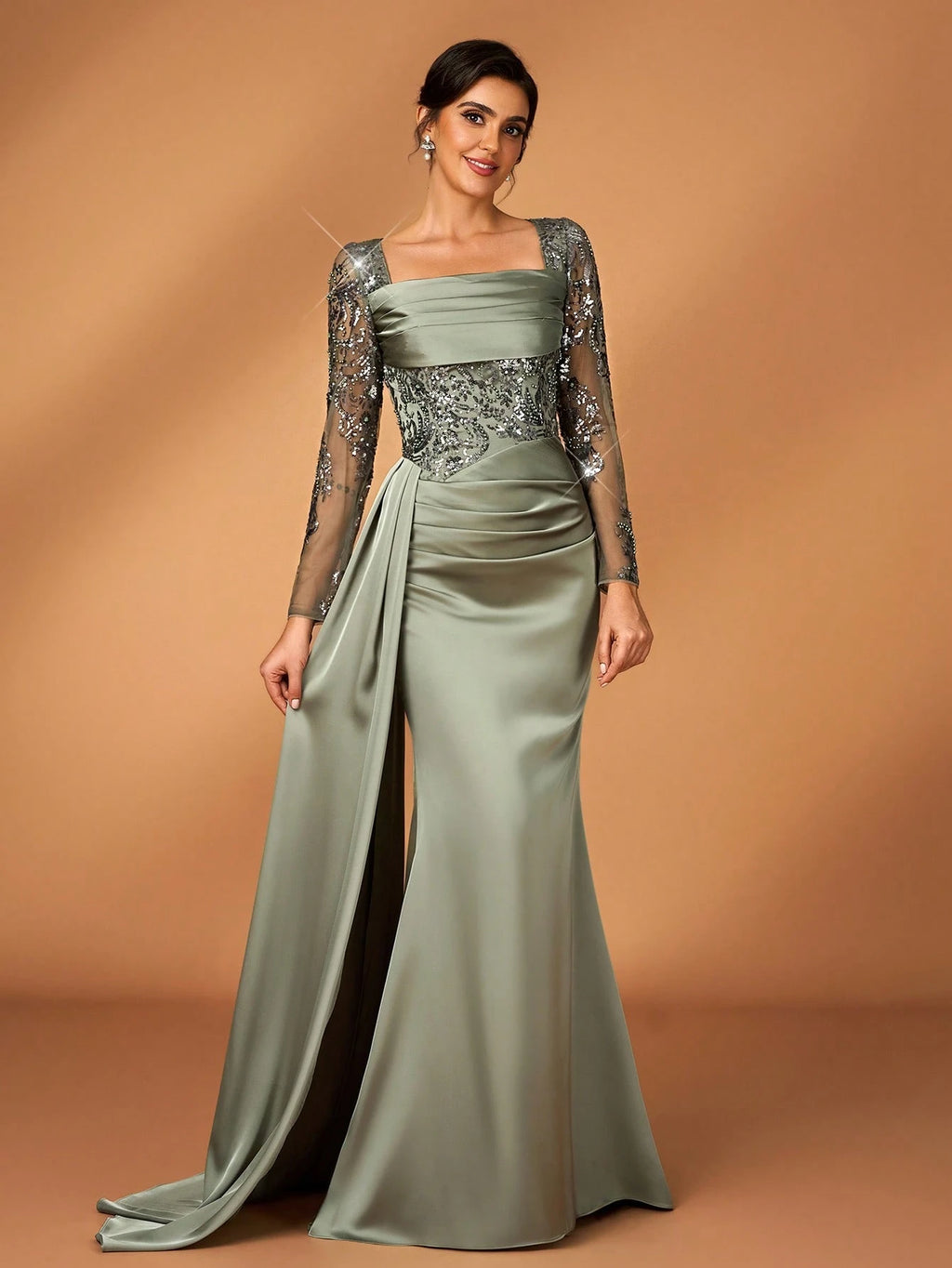 Serin Sage Green Elegant Summer Wedding Mermaid Dress,Pearl Sequin Embroidered Satin Ruffle Mother Of The - image 2