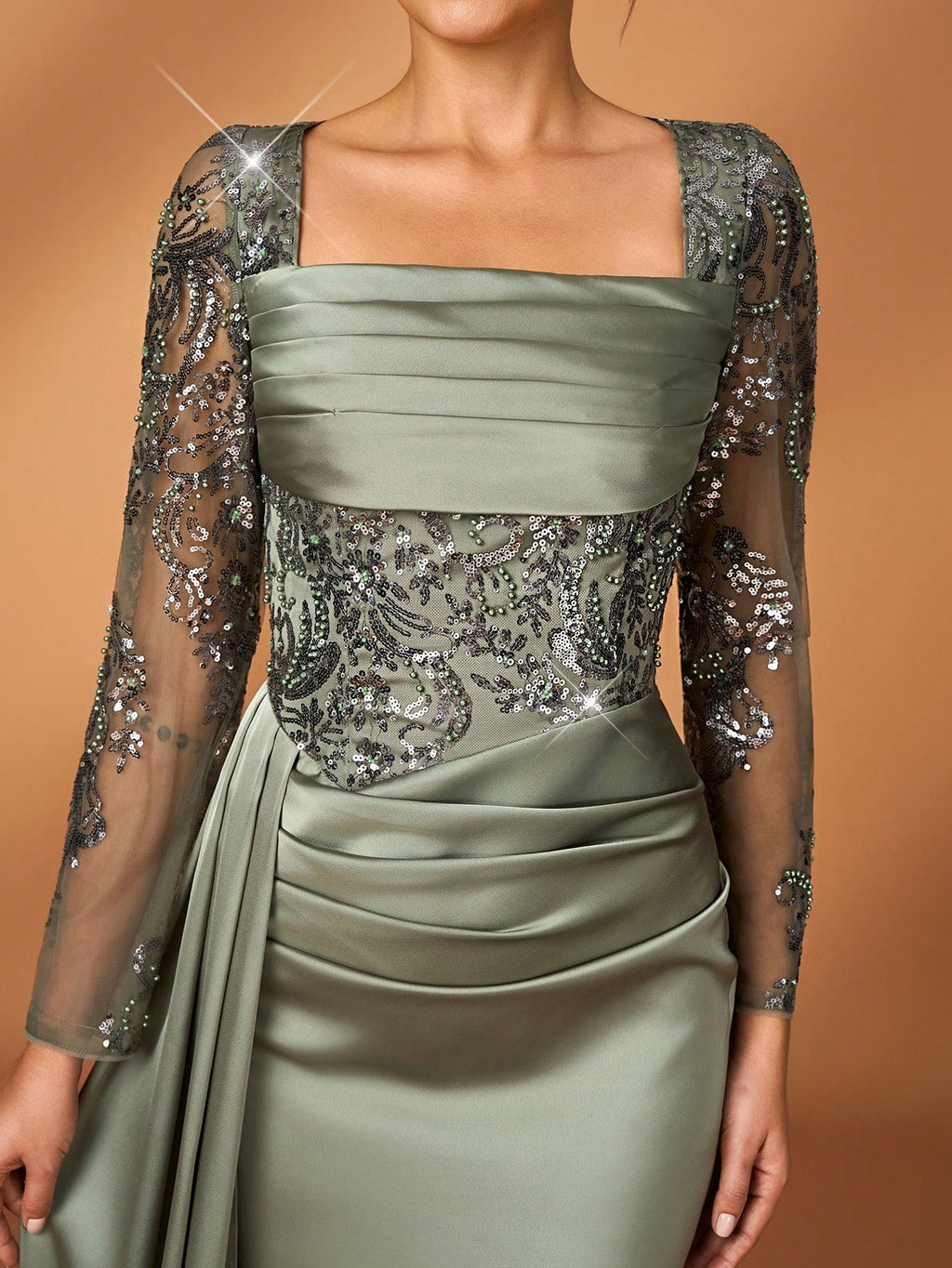 Serin Sage Green Elegant Summer Wedding Mermaid Dress,Pearl Sequin Embroidered Satin Ruffle Mother Of The - image 3