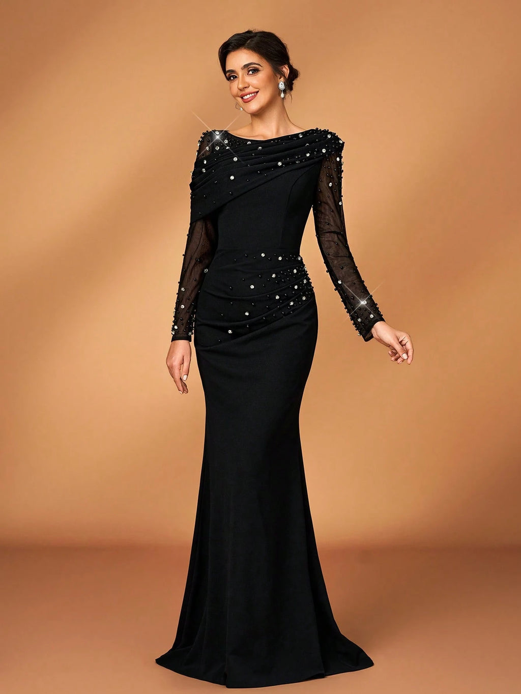Serin Black Winter Elegant Formal Special Ocassion Luxurious Beaded Bubble Mesh Sheer Sleeve Ruched Fishtail - image 7