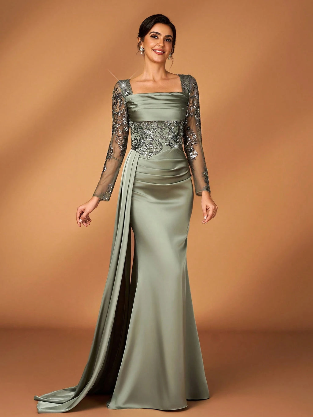Serin Sage Green Elegant Summer Wedding Mermaid Dress,Pearl Sequin Embroidered Satin Ruffle Mother Of The - image 6
