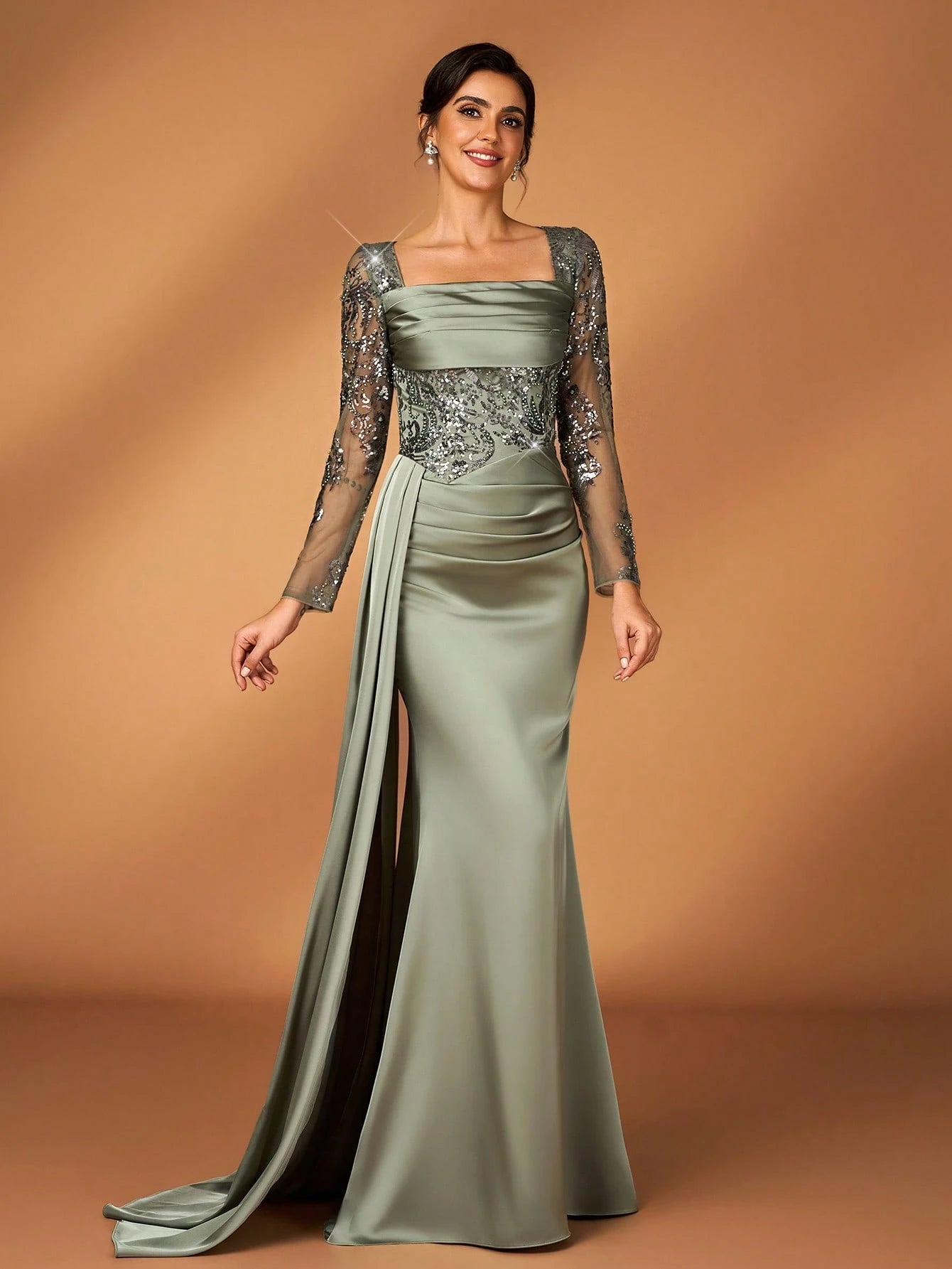 Serin Sage Green Elegant Summer Wedding Mermaid Dress,Pearl Sequin Embroidered Satin Ruffle Mother Of The - image 6