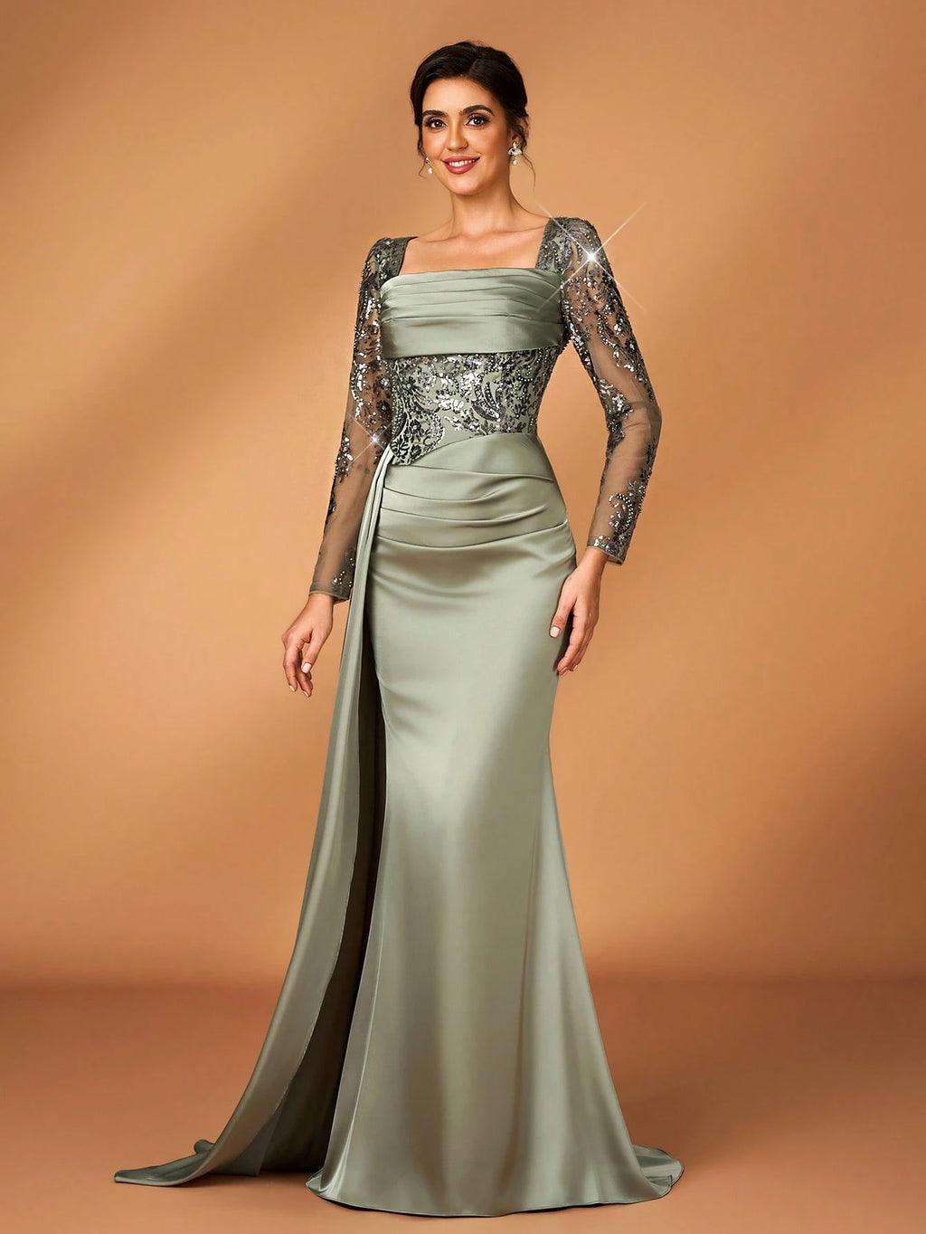 Serin Sage Green Elegant Summer Wedding Mermaid Dress,Pearl Sequin Embroidered Satin Ruffle Mother Of The - image 7