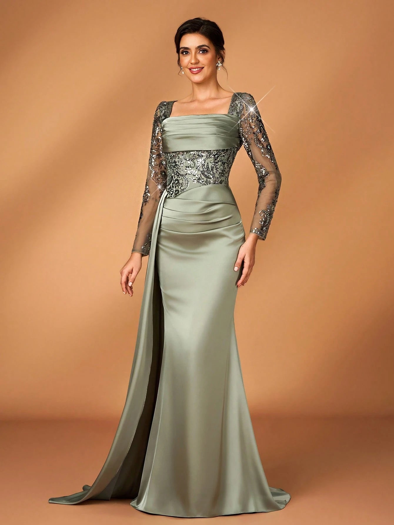 Serin Sage Green Elegant Summer Wedding Mermaid Dress,Pearl Sequin Embroidered Satin Ruffle Mother Of The - image 7