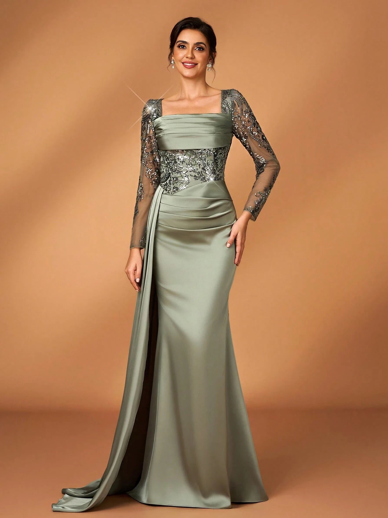 Serin Sage Green Elegant Summer Wedding Mermaid Dress,Pearl Sequin Embroidered Satin Ruffle Mother Of The - image 8