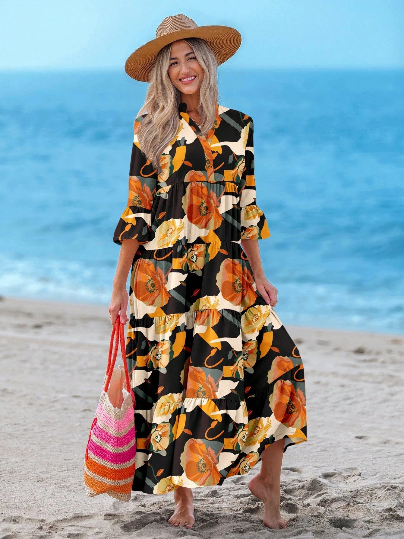 Sylviya Casual Tropical Boho Floral Pattern V-Neck Long Sleeve