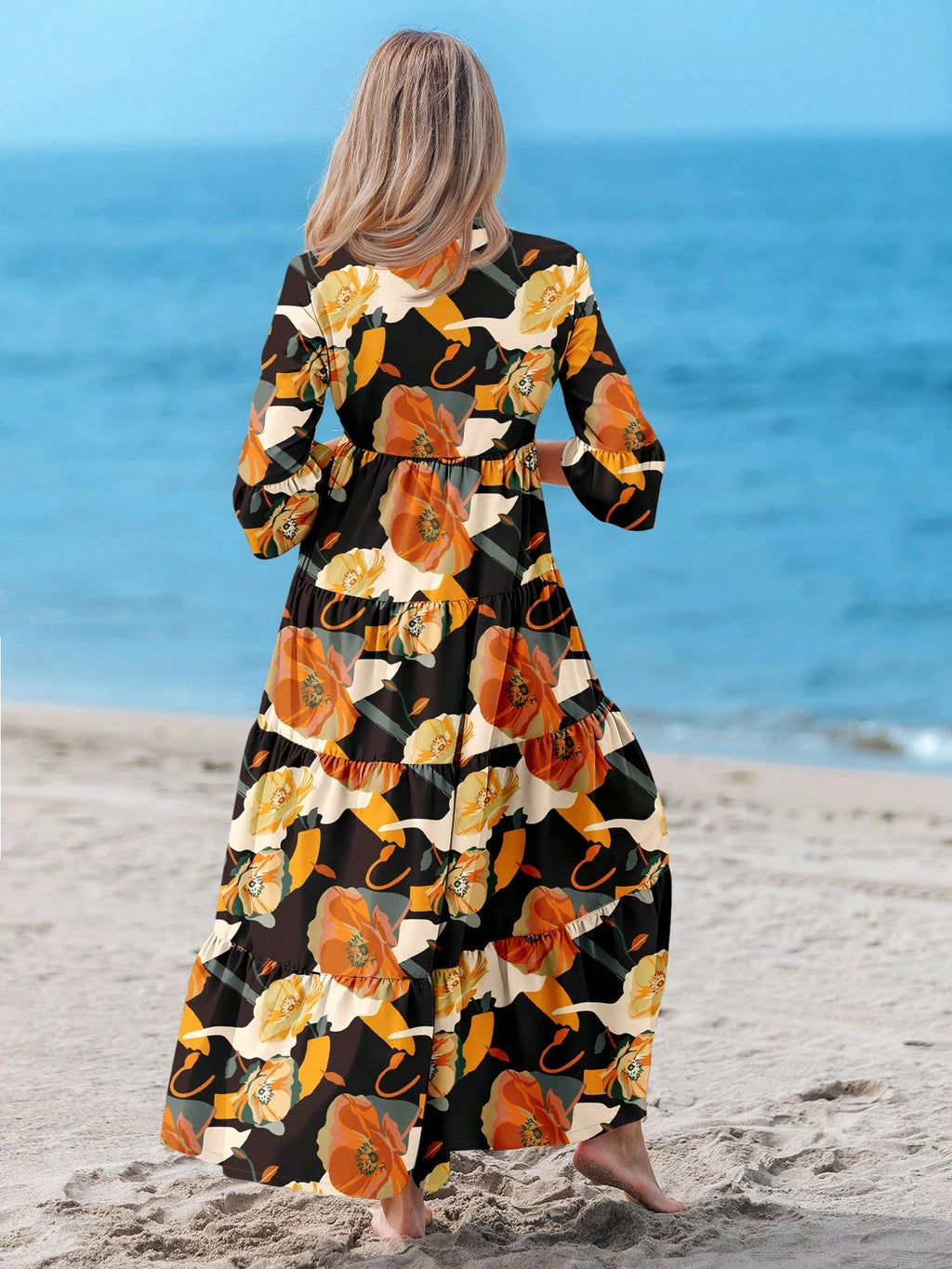 Sylviya Casual Tropical Boho Floral Pattern V-Neck Long Sleeve