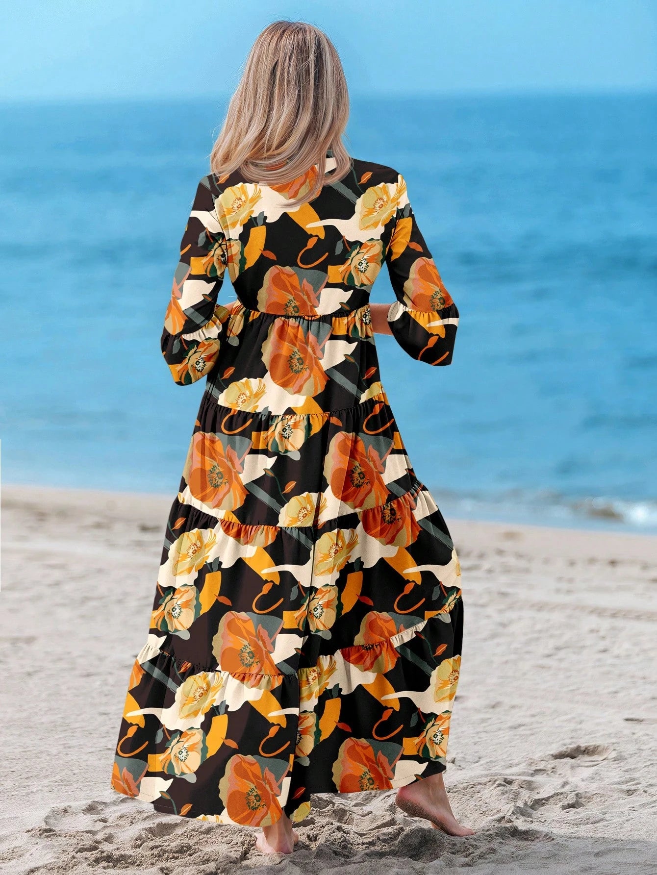 Sylviya Casual Tropical Boho Floral Pattern V-Neck Long Sleeve