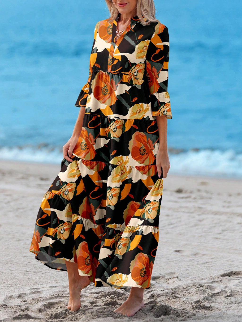 Sylviya Casual Tropical Boho Floral Pattern V-Neck Long Sleeve
