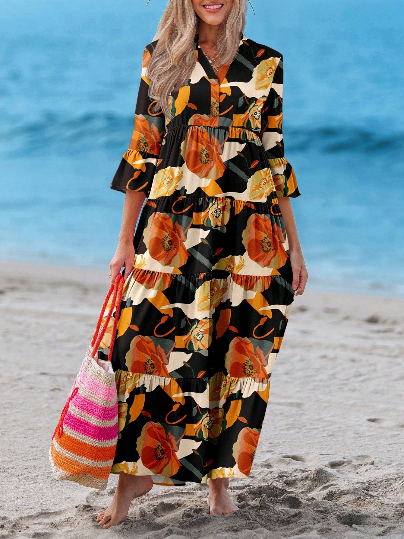 Sylviya Casual Tropical Boho Floral Pattern V-Neck Long Sleeve