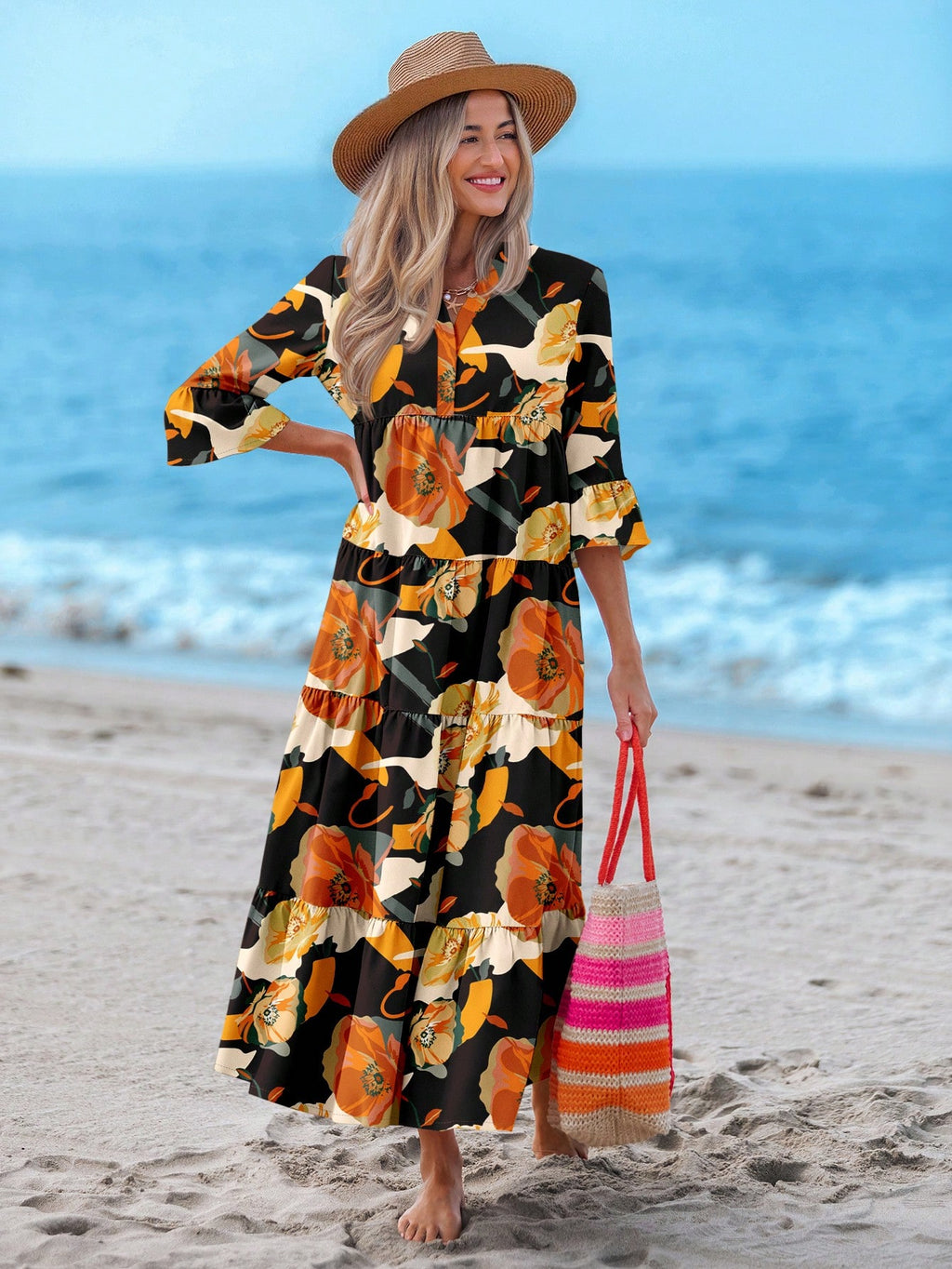 Sylviya Casual Tropical Boho Floral Pattern V-Neck Long Sleeve