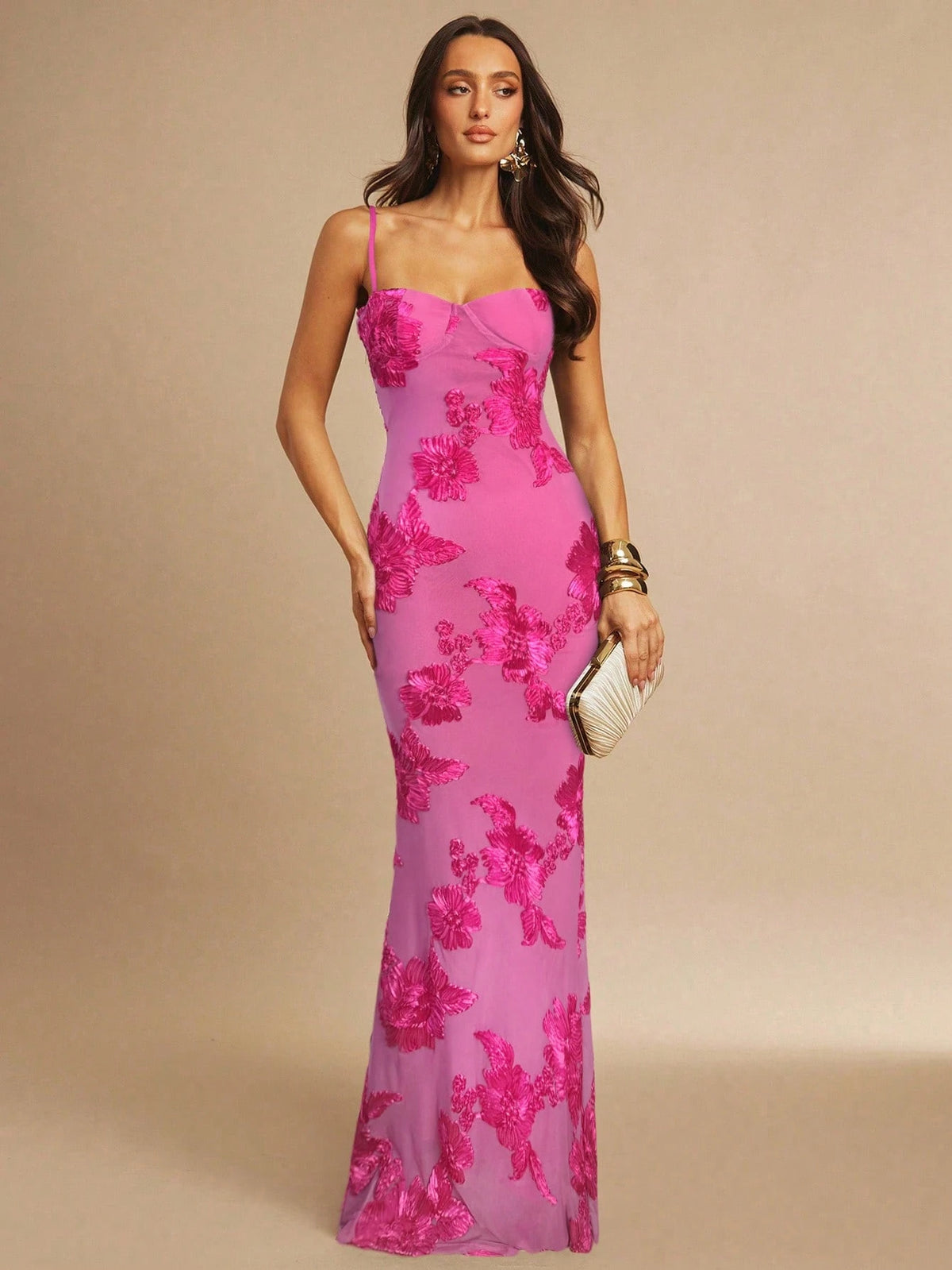 Silquee Women's Elegant Dark Brown 3D Floral Maxi Dress
