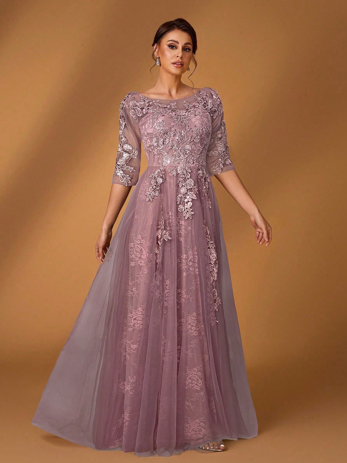 Serin Elegant Dusty Pink Summer Lace Splicing Mesh A-Line Dress,Luxury Embellished 3/4 Sleeve Mother Of The - image 15