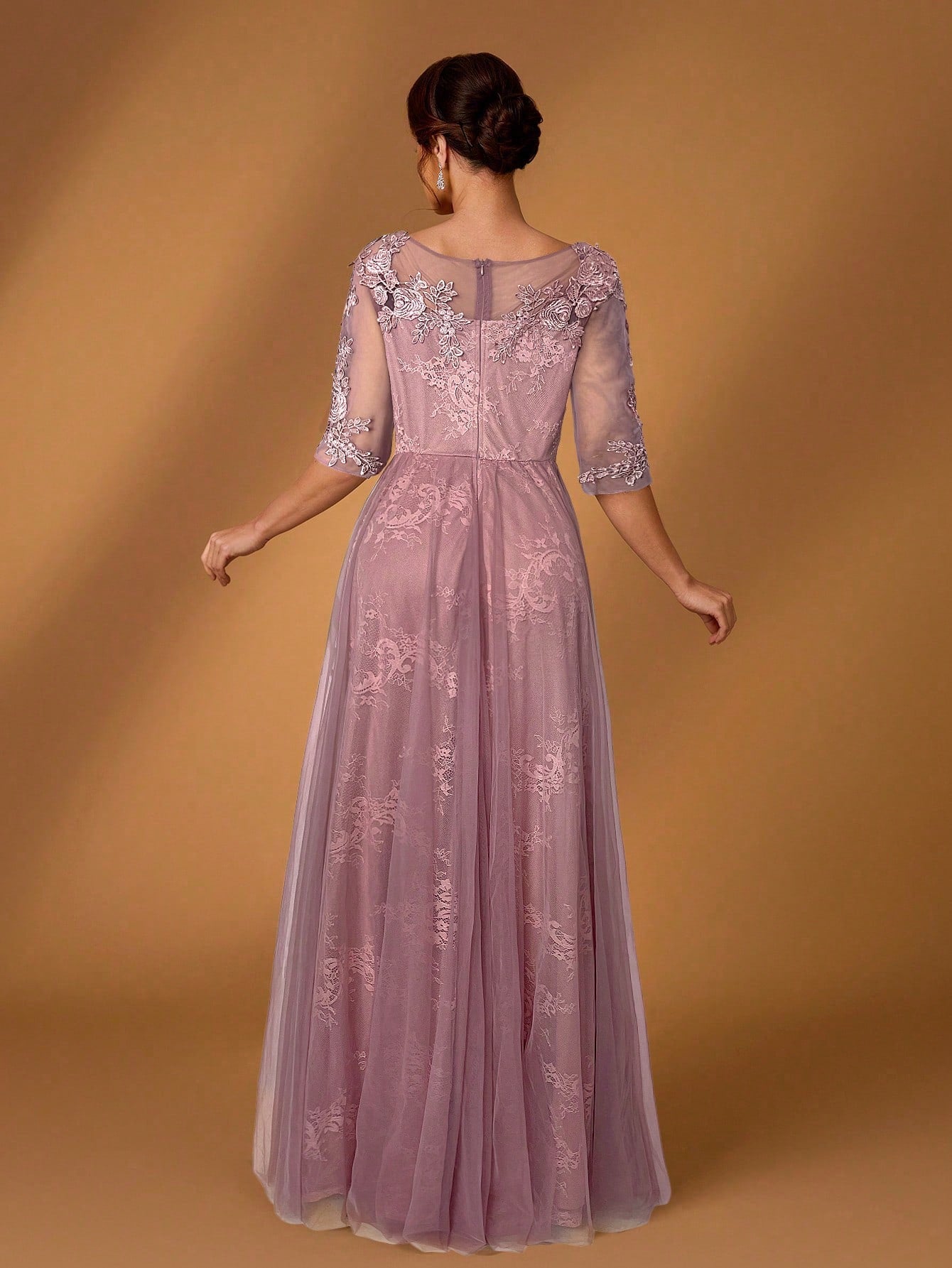 Serin Elegant Dusty Pink Summer Lace Splicing Mesh A-Line Dress,Luxury Embellished 3/4 Sleeve Mother Of The - image 16