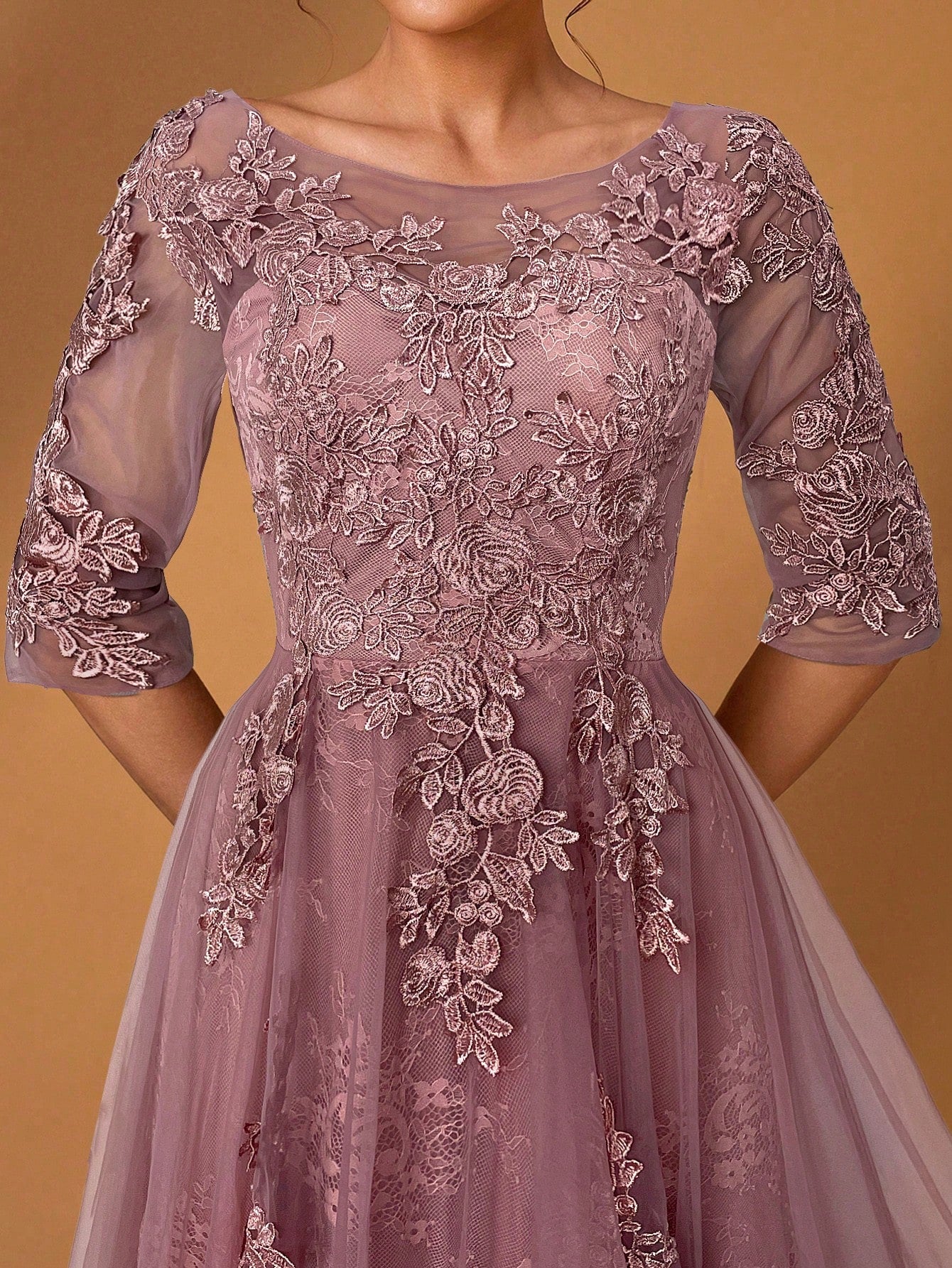 Serin Elegant Dusty Pink Summer Lace Splicing Mesh A-Line Dress,Luxury Embellished 3/4 Sleeve Mother Of The - image 17