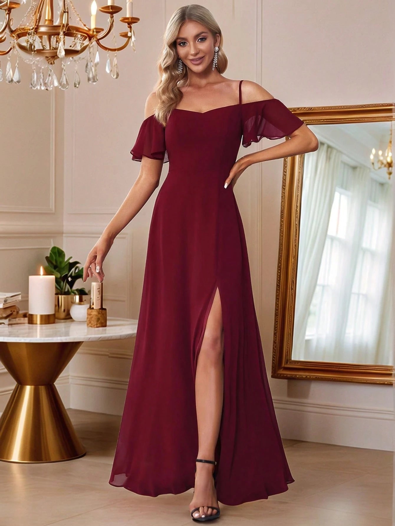 EVERPRETTY Elegant Open Shoulder Chiffon Long Bridesmaid Dress,