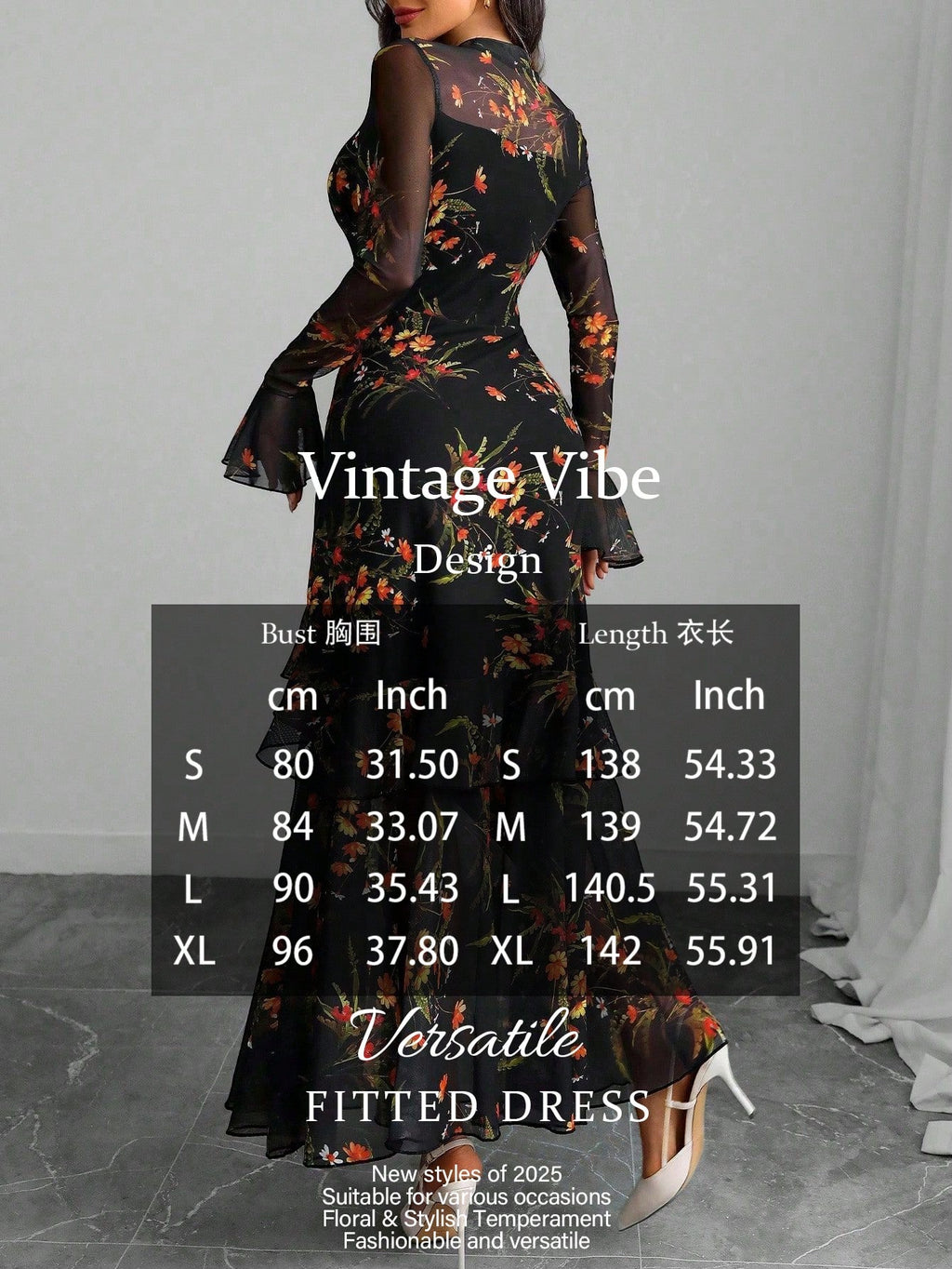 Women Black Floral Sheer Mesh Maxi Dress, Mock Neck Bell Sleeve