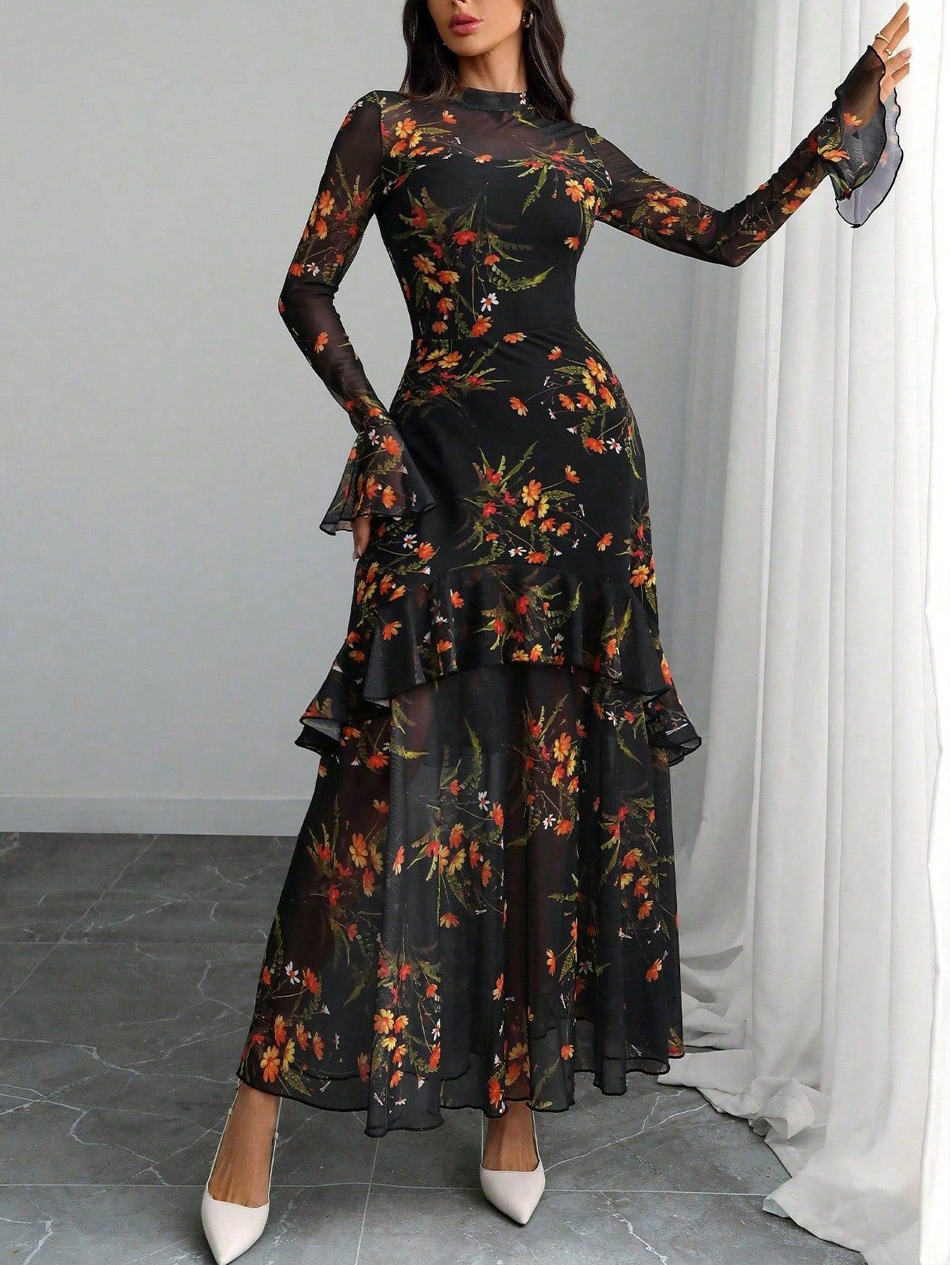 Women Black Floral Sheer Mesh Maxi Dress, Mock Neck Bell Sleeve