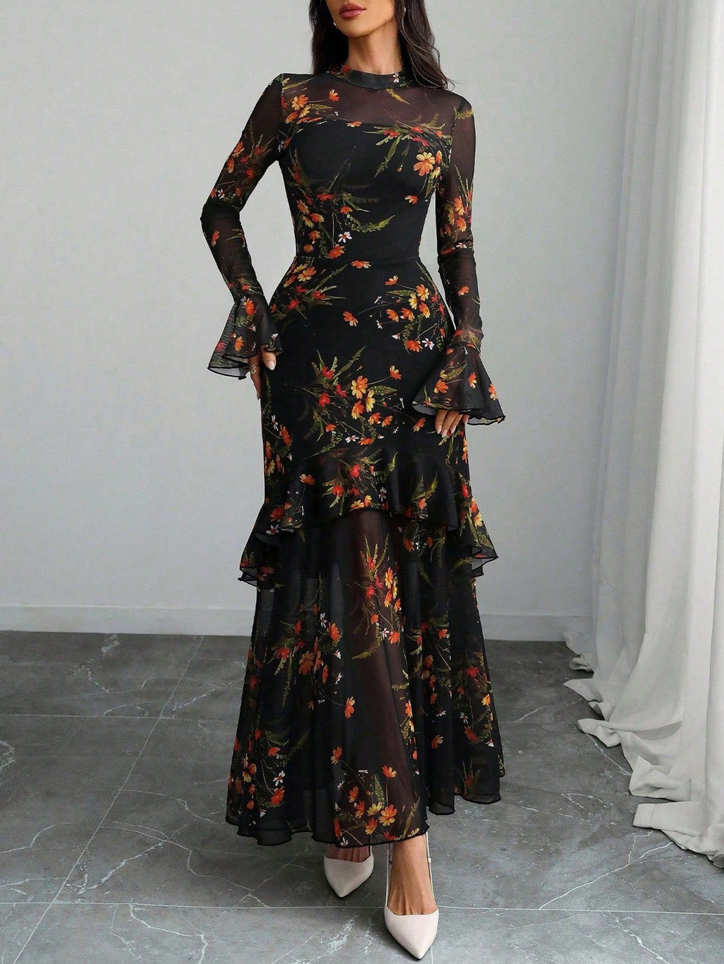 Women Black Floral Sheer Mesh Maxi Dress, Mock Neck Bell Sleeve