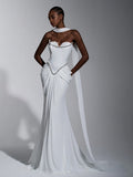 Elitara Elegant White Summer Formal Wedding Party Dress,Glamorous Strapless Stretch Knit Chiffon Mermaid