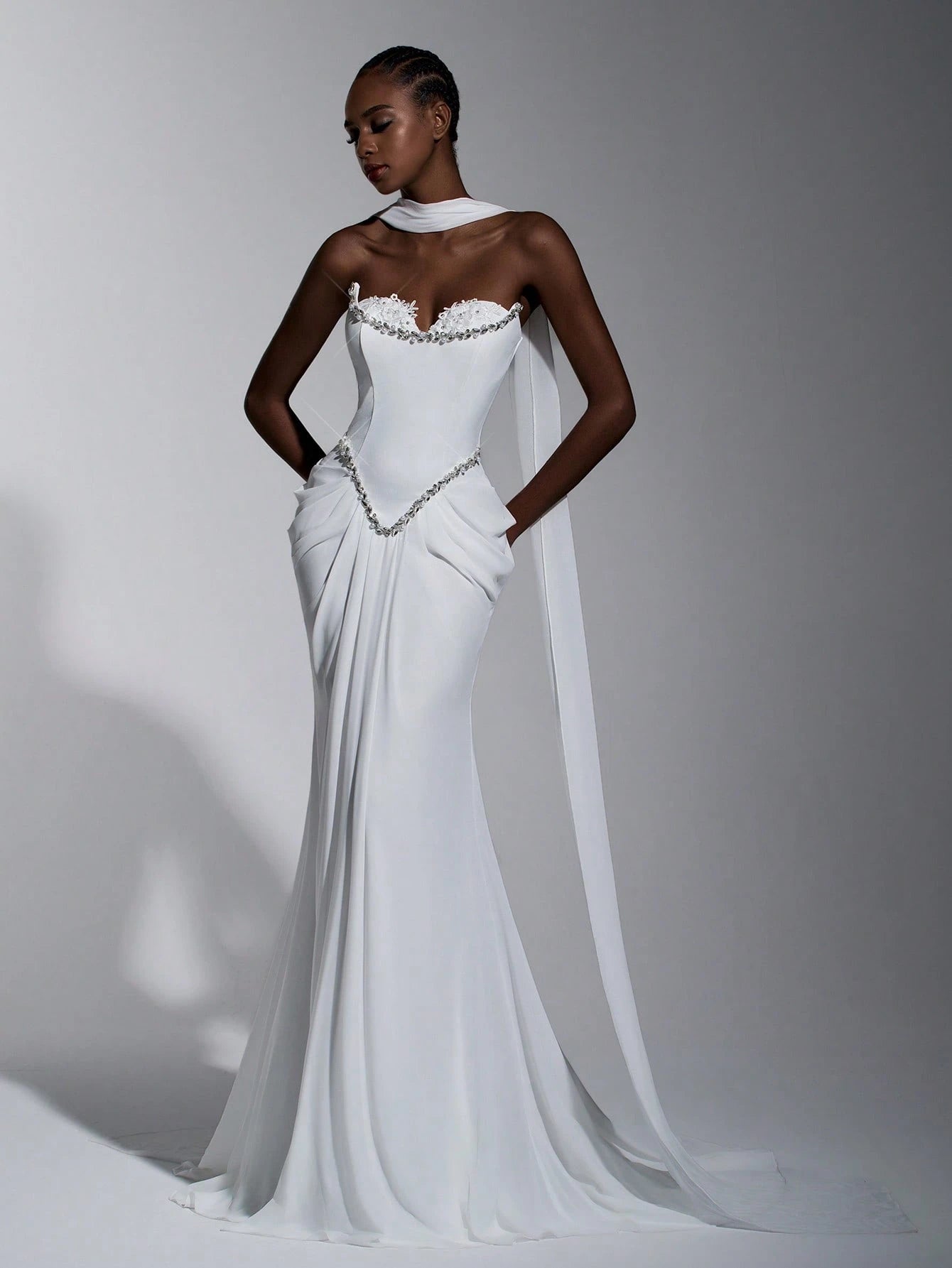 Elitara Elegant White Summer Formal Wedding Party Dress,Glamorous Strapless Stretch Knit Chiffon Mermaid