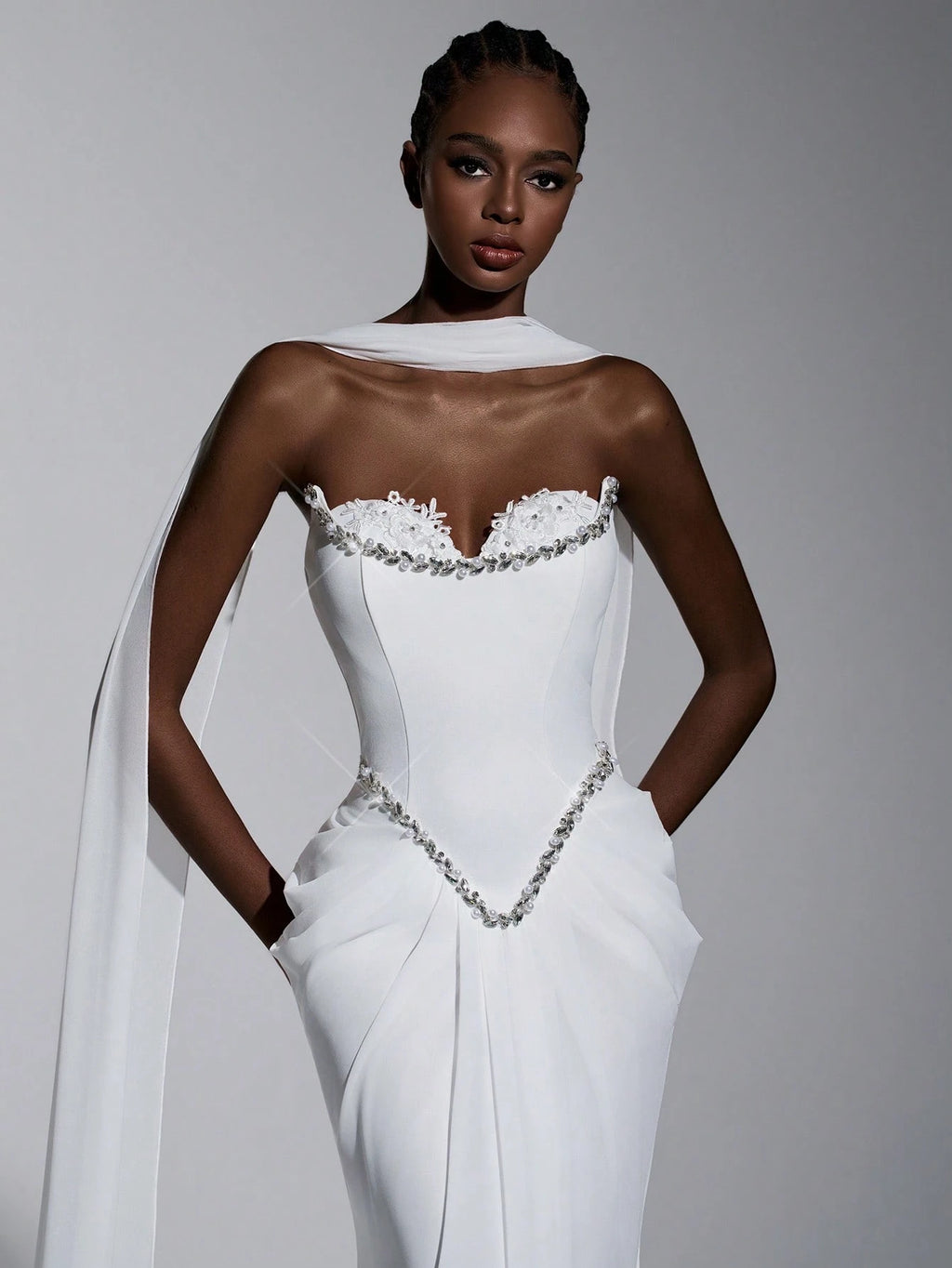 Elitara Elegant White Summer Formal Wedding Party Dress,Glamorous Strapless Stretch Knit Chiffon Mermaid - image 2