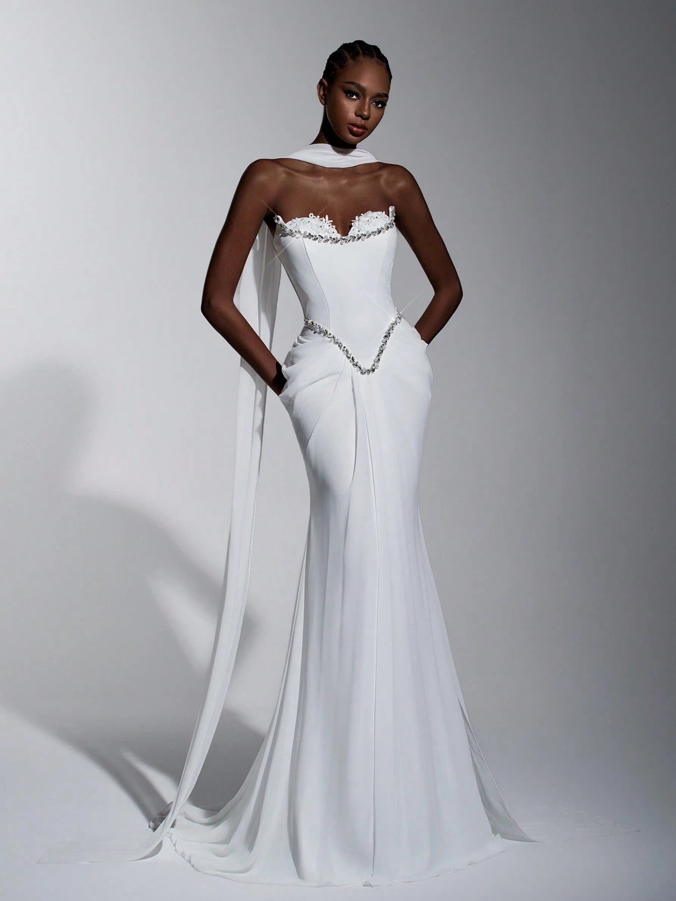 Elitara Elegant White Summer Formal Wedding Party Dress,Glamorous Strapless Stretch Knit Chiffon Mermaid - image 4