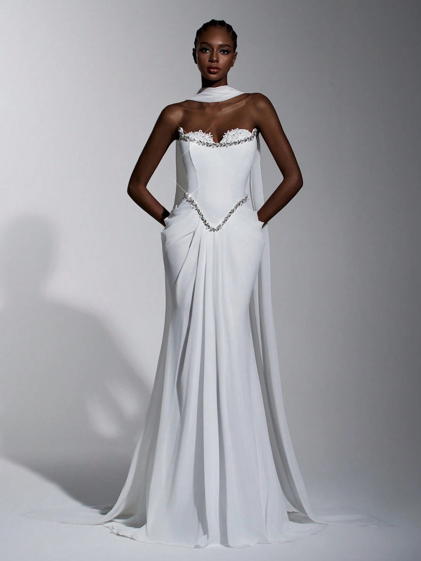 Elitara Elegant White Summer Formal Wedding Party Dress,Glamorous Strapless Stretch Knit Chiffon Mermaid - image 5