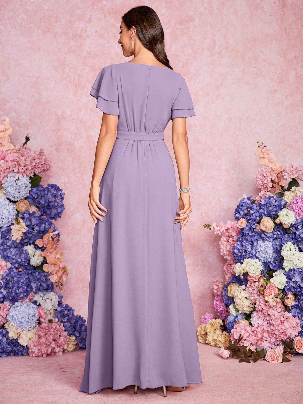 Volly Toych Elegant And Noble Chiffon Bridesmaid Dress With Ruffle Hem Short Sleeves And Round Neck, Suitable - image 2