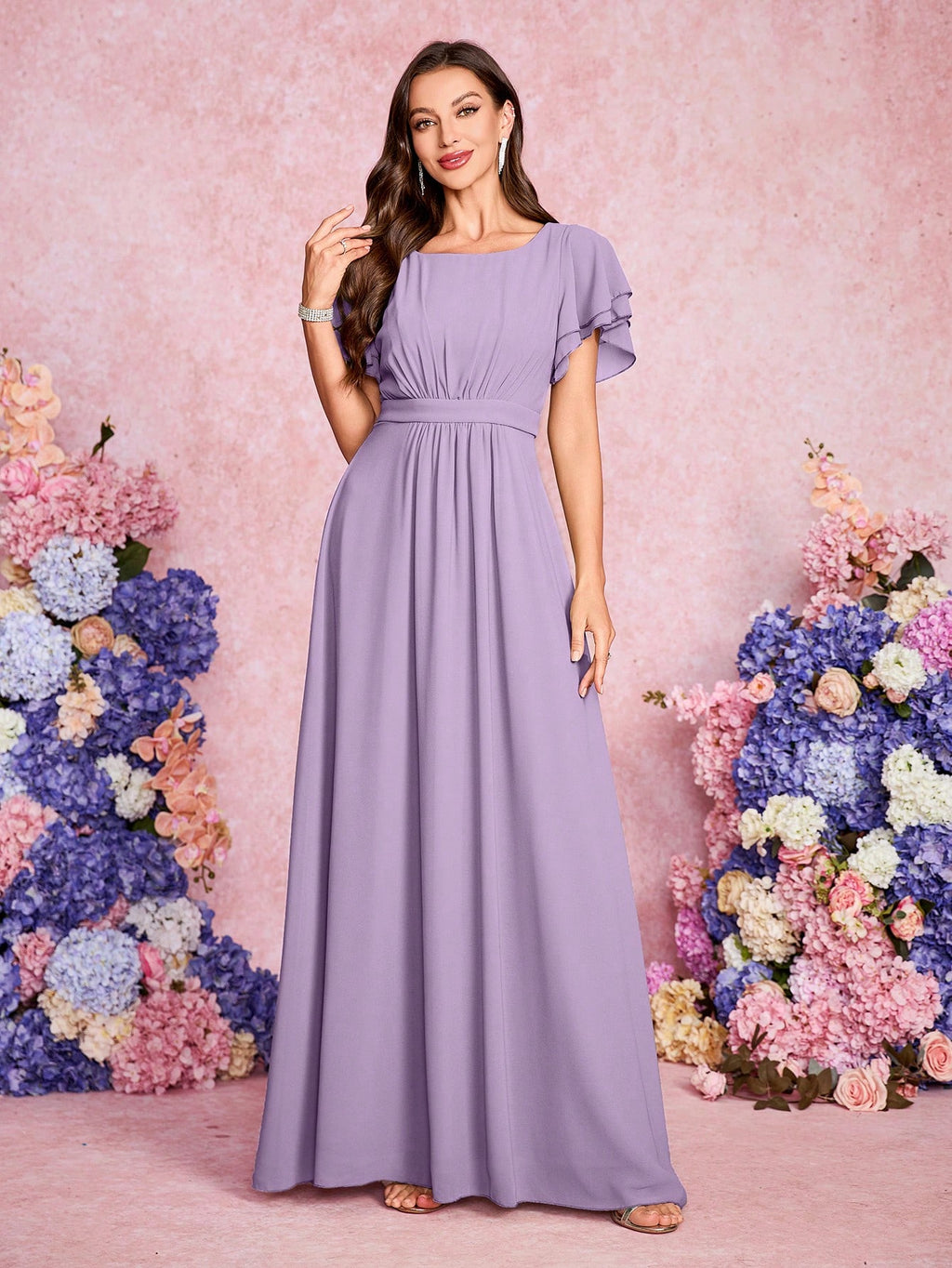Volly Toych Elegant And Noble Chiffon Bridesmaid Dress With Ruffle Hem Short Sleeves And Round Neck, Suitable - image 6