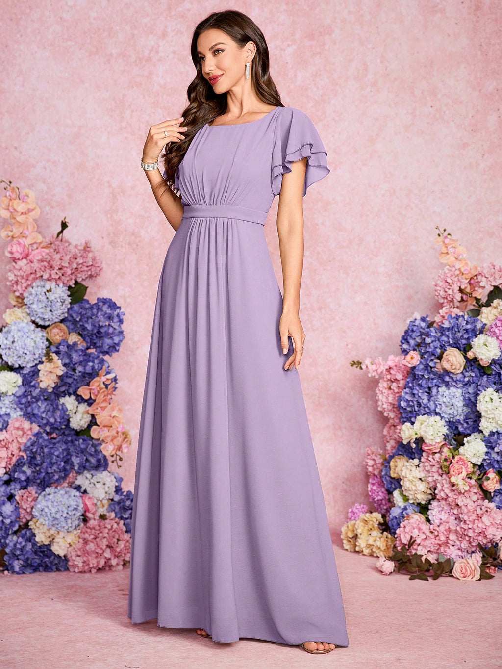 Volly Toych Elegant And Noble Chiffon Bridesmaid Dress With Ruffle Hem Short Sleeves And Round Neck, Suitable - image 4