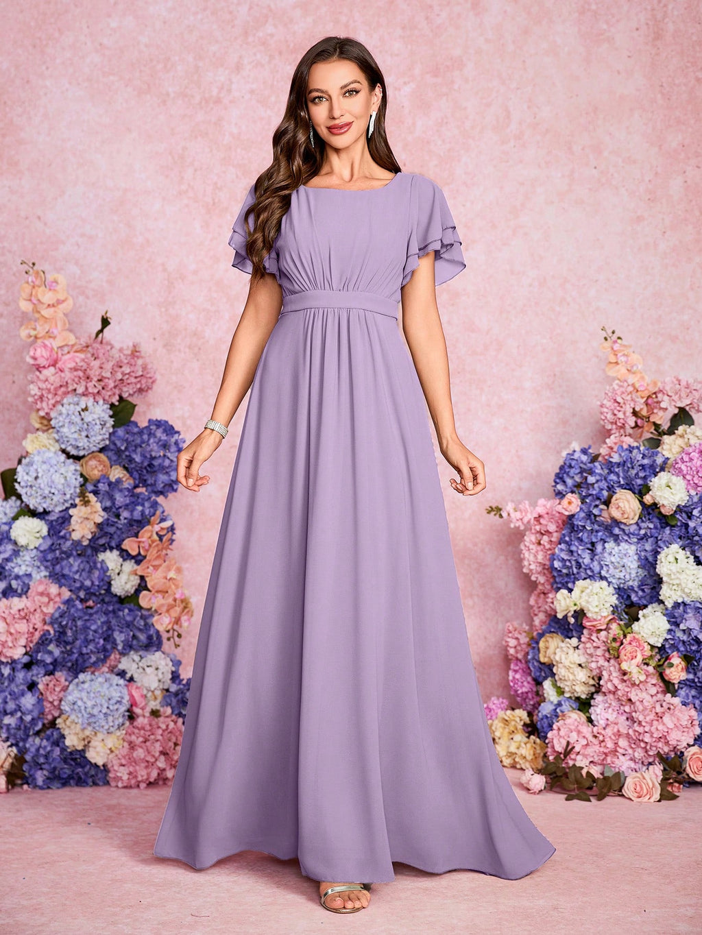 Volly Toych Elegant And Noble Chiffon Bridesmaid Dress With Ruffle Hem Short Sleeves And Round Neck, Suitable - image 5