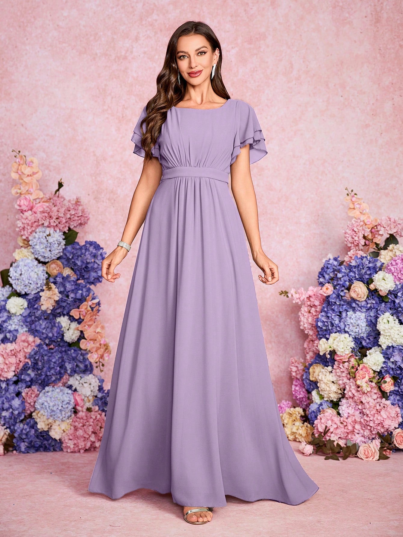 Volly Toych Elegant And Noble Chiffon Bridesmaid Dress With Ruffle Hem Short Sleeves And Round Neck, Suitable - image 5