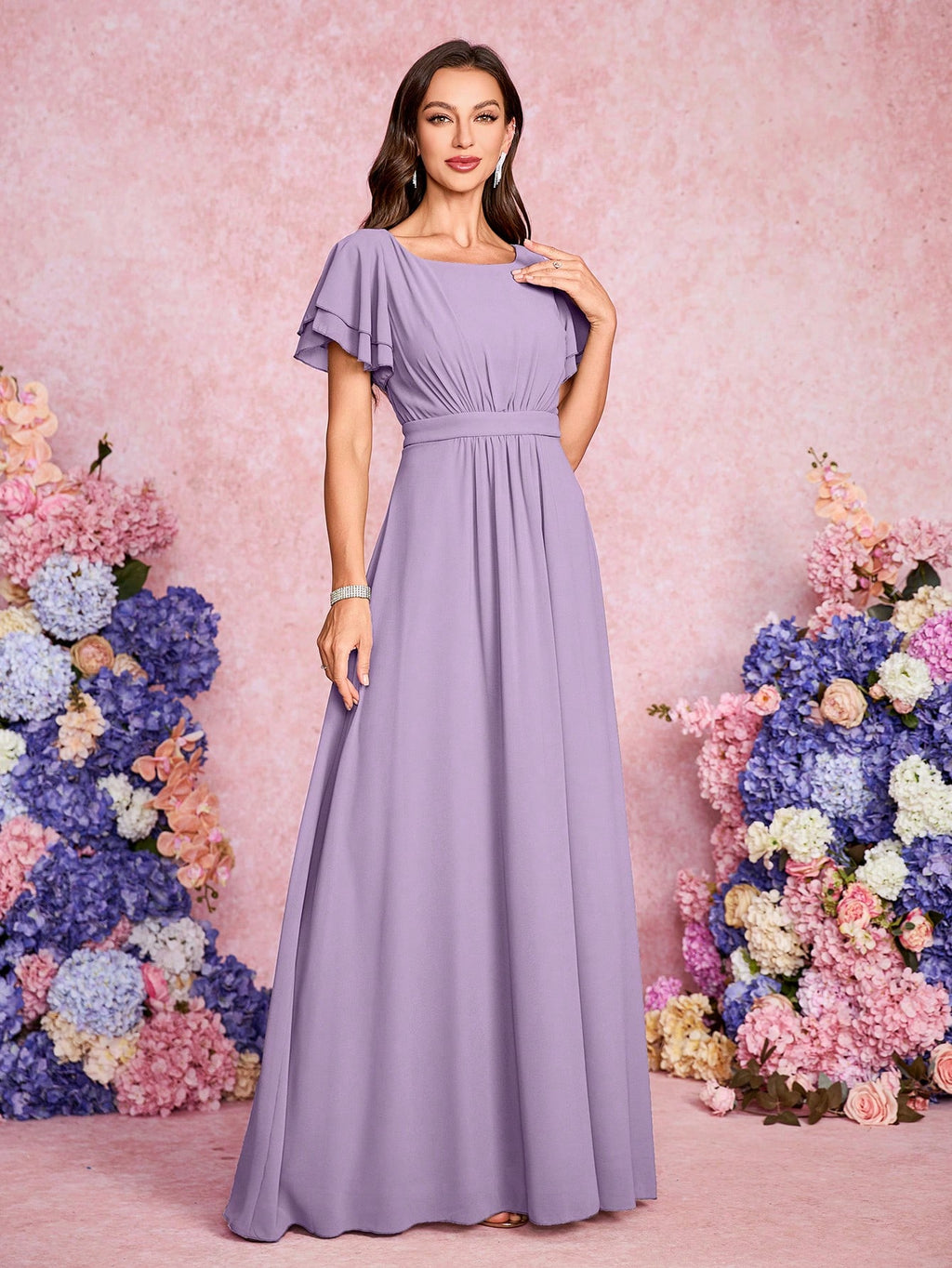 Volly Toych Elegant And Noble Chiffon Bridesmaid Dress With Ruffle Hem Short Sleeves And Round Neck, Suitable