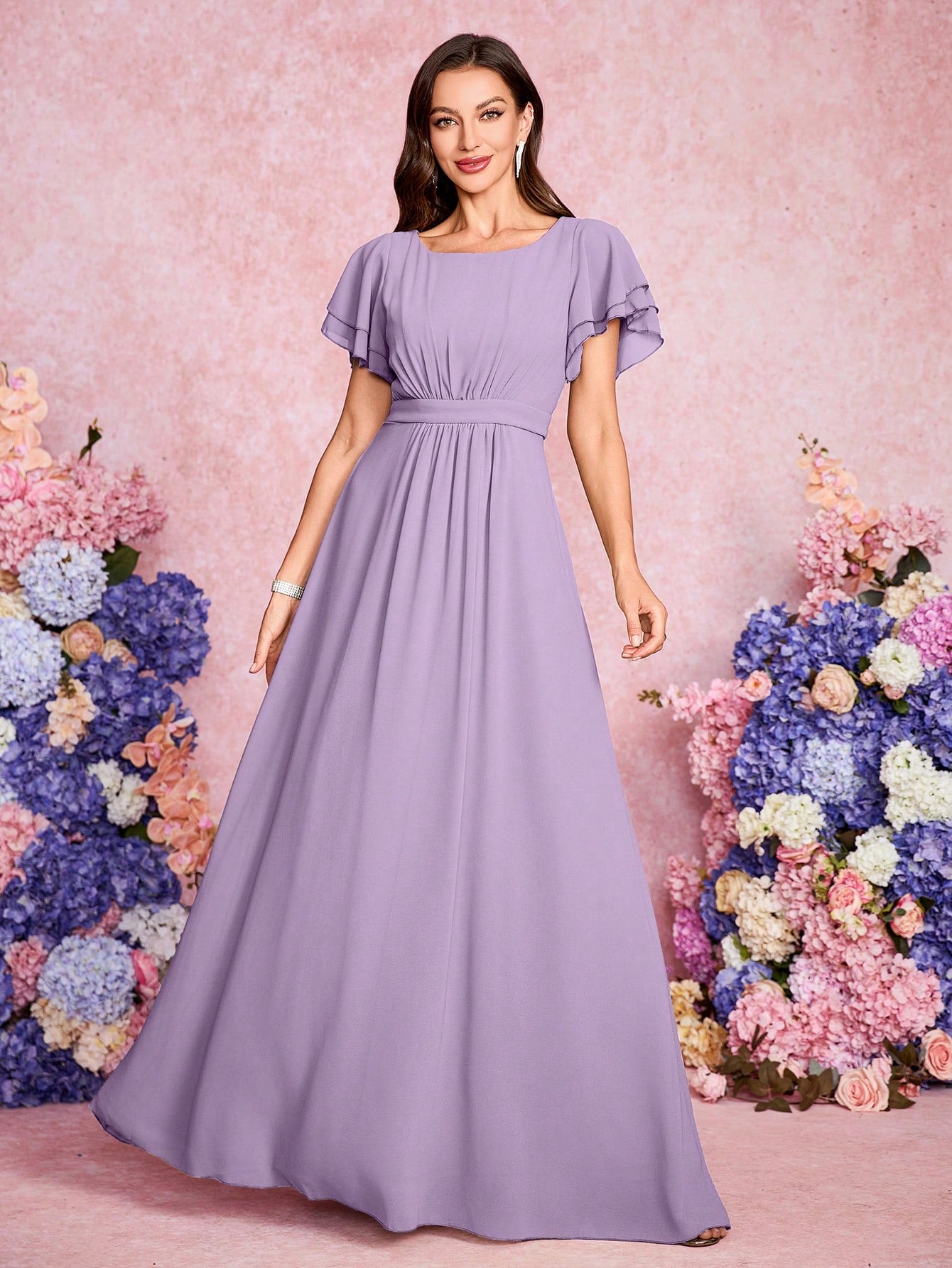 Volly Toych Elegant And Noble Chiffon Bridesmaid Dress With Ruffle Hem Short Sleeves And Round Neck, Suitable - image 3