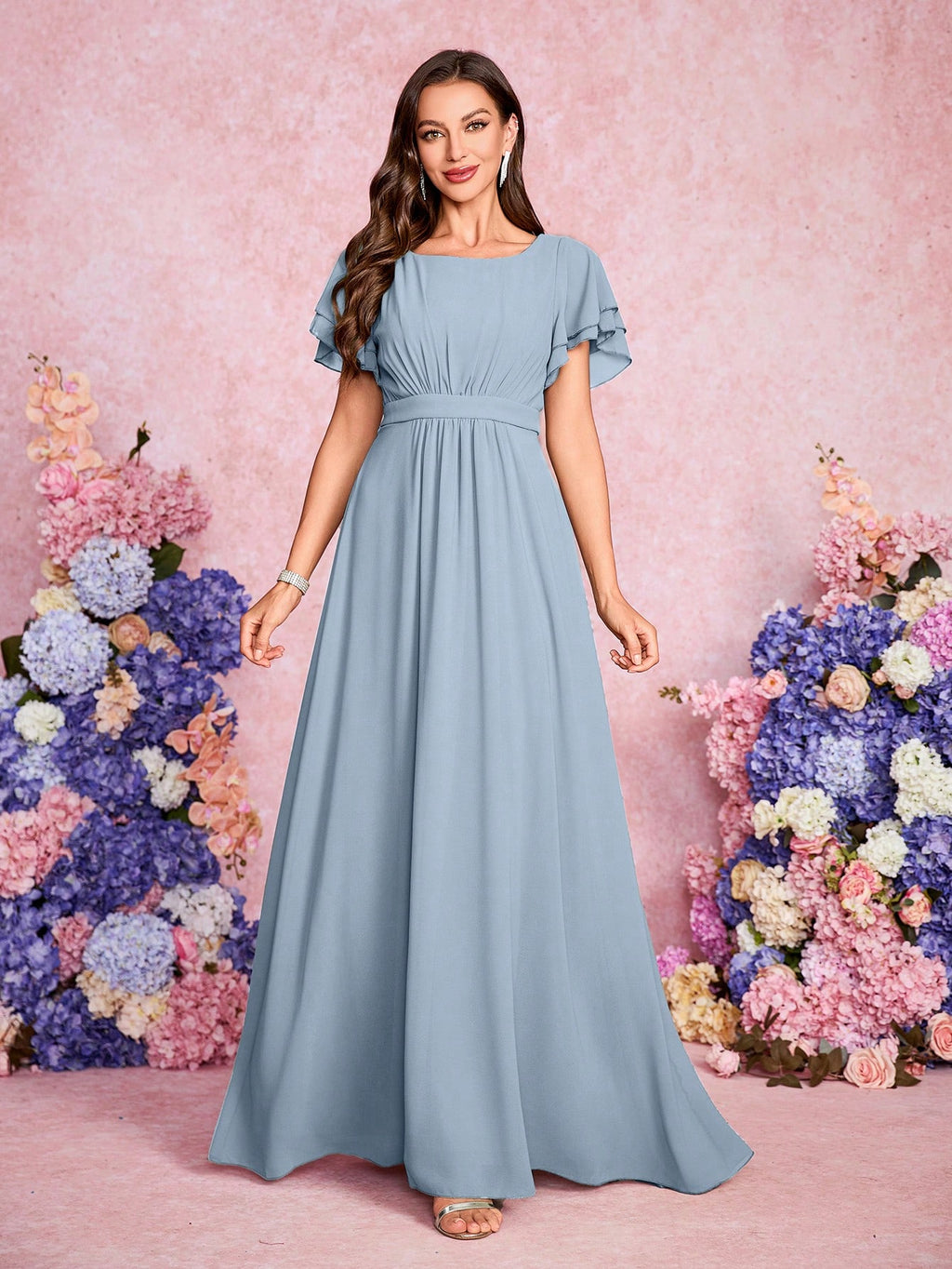 Volly Toych Elegant And Noble Chiffon Bridesmaid Dress With Ruffle Hem Short Sleeves And Round Neck, Suitable - image 10