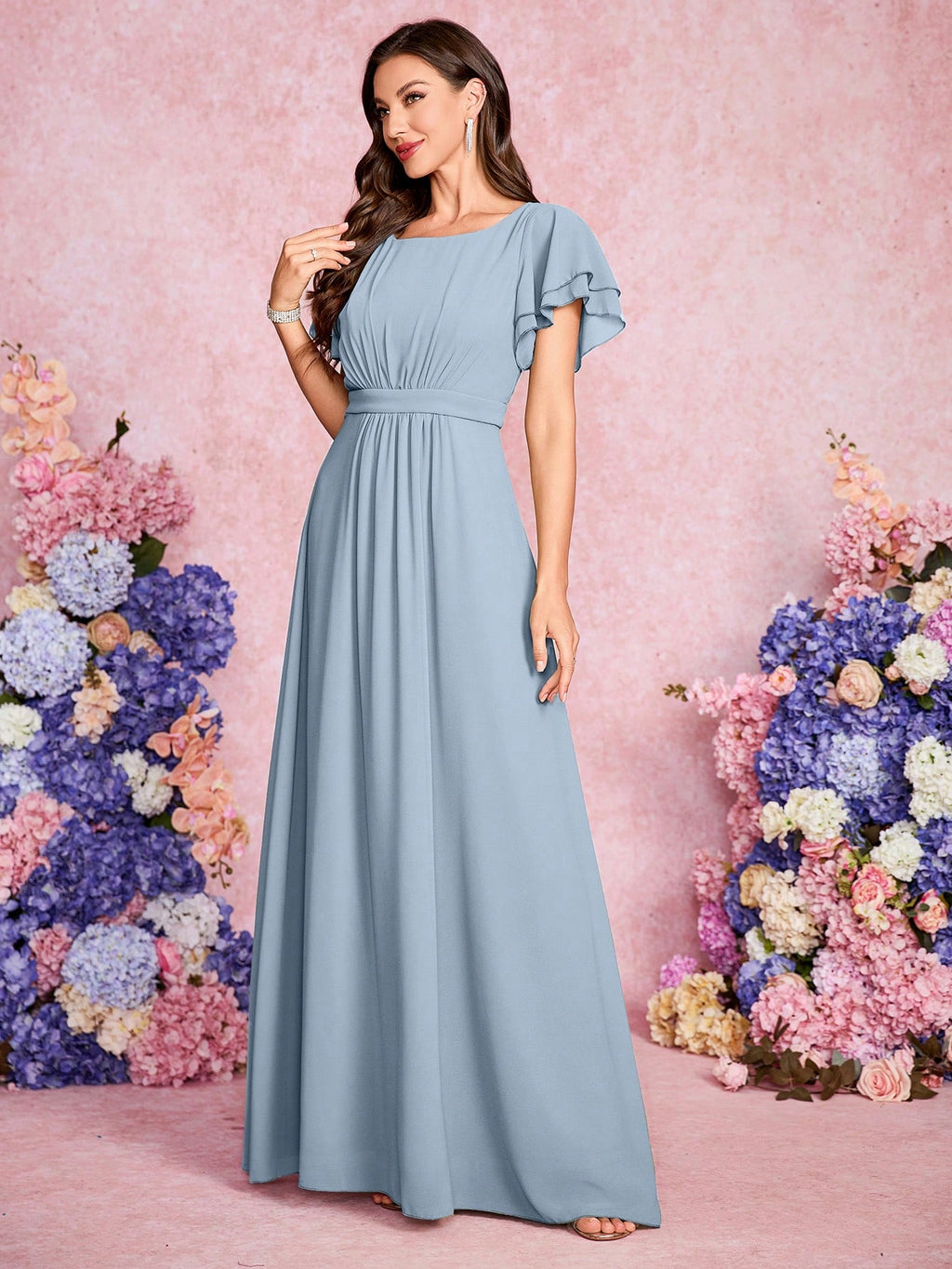 Volly Toych Elegant And Noble Chiffon Bridesmaid Dress With Ruffle Hem Short Sleeves And Round Neck, Suitable - image 12