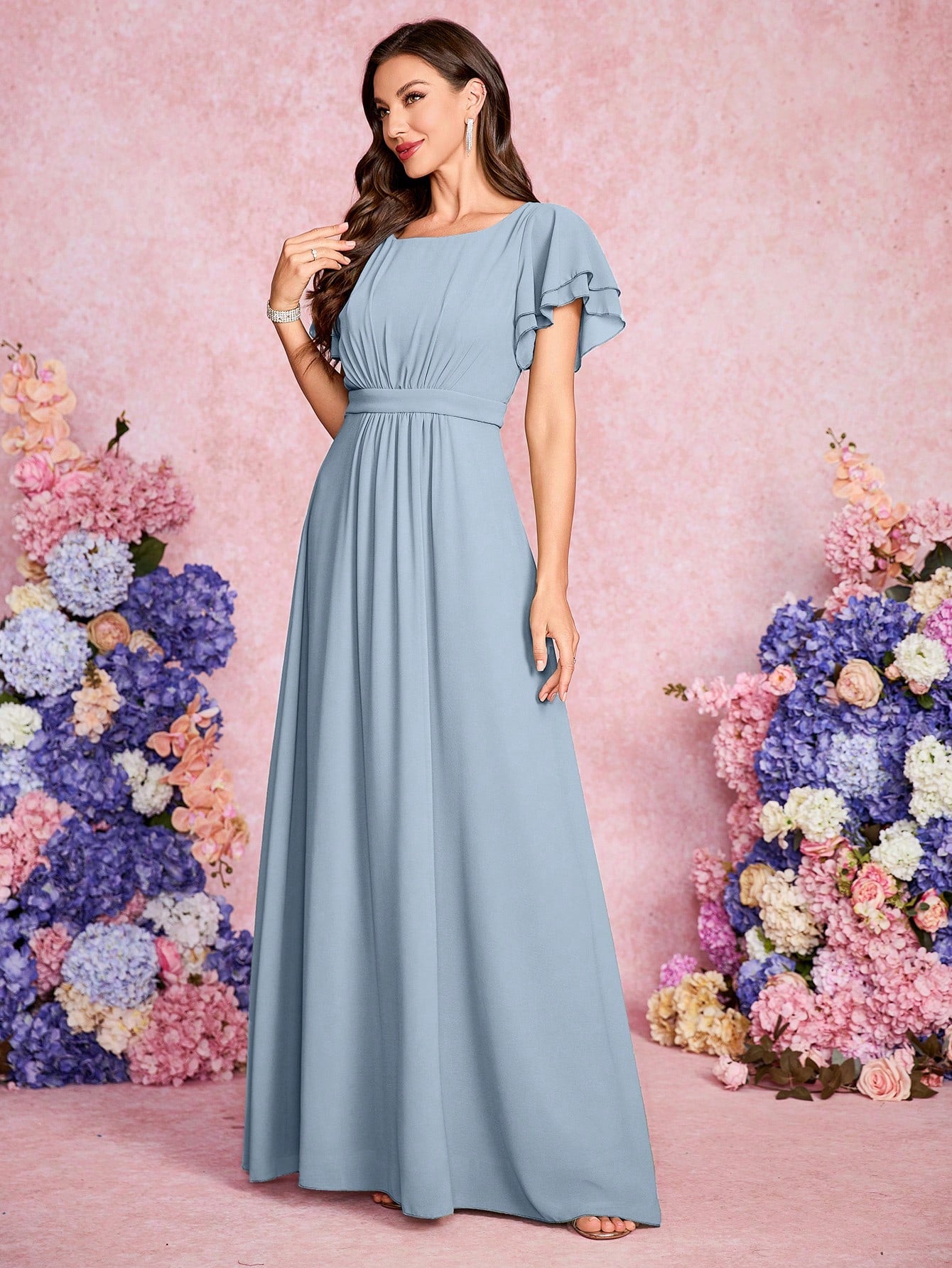 Volly Toych Elegant And Noble Chiffon Bridesmaid Dress With Ruffle Hem Short Sleeves And Round Neck, Suitable - image 12