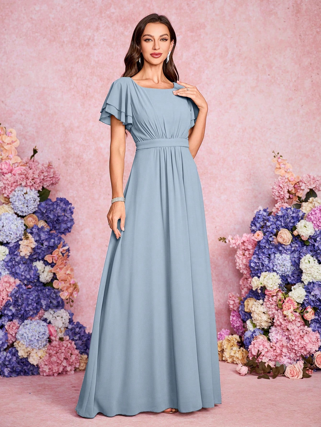 Volly Toych Elegant And Noble Chiffon Bridesmaid Dress With Ruffle Hem Short Sleeves And Round Neck, Suitable - image 7