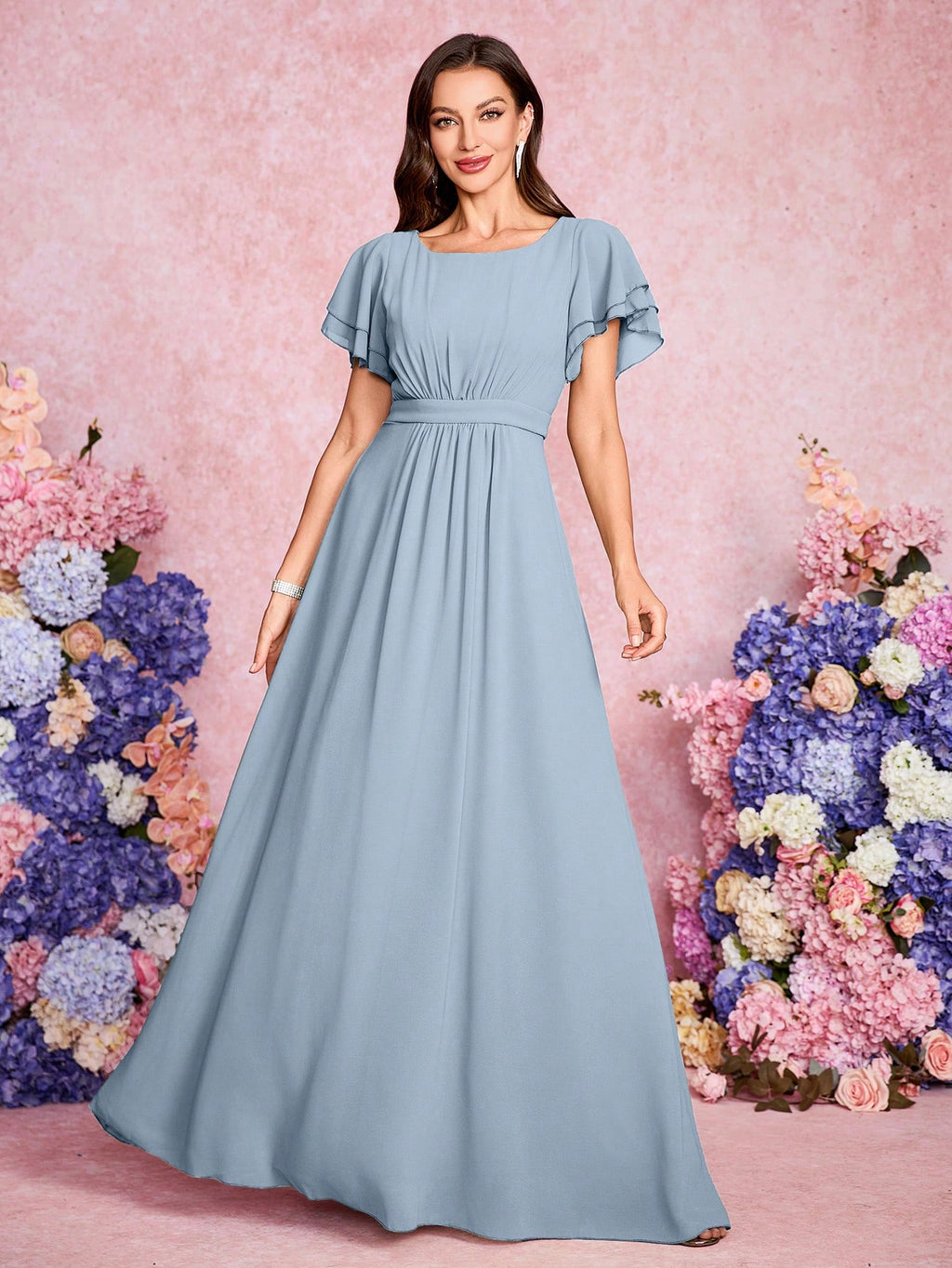 Volly Toych Elegant And Noble Chiffon Bridesmaid Dress With Ruffle Hem Short Sleeves And Round Neck, Suitable - image 9