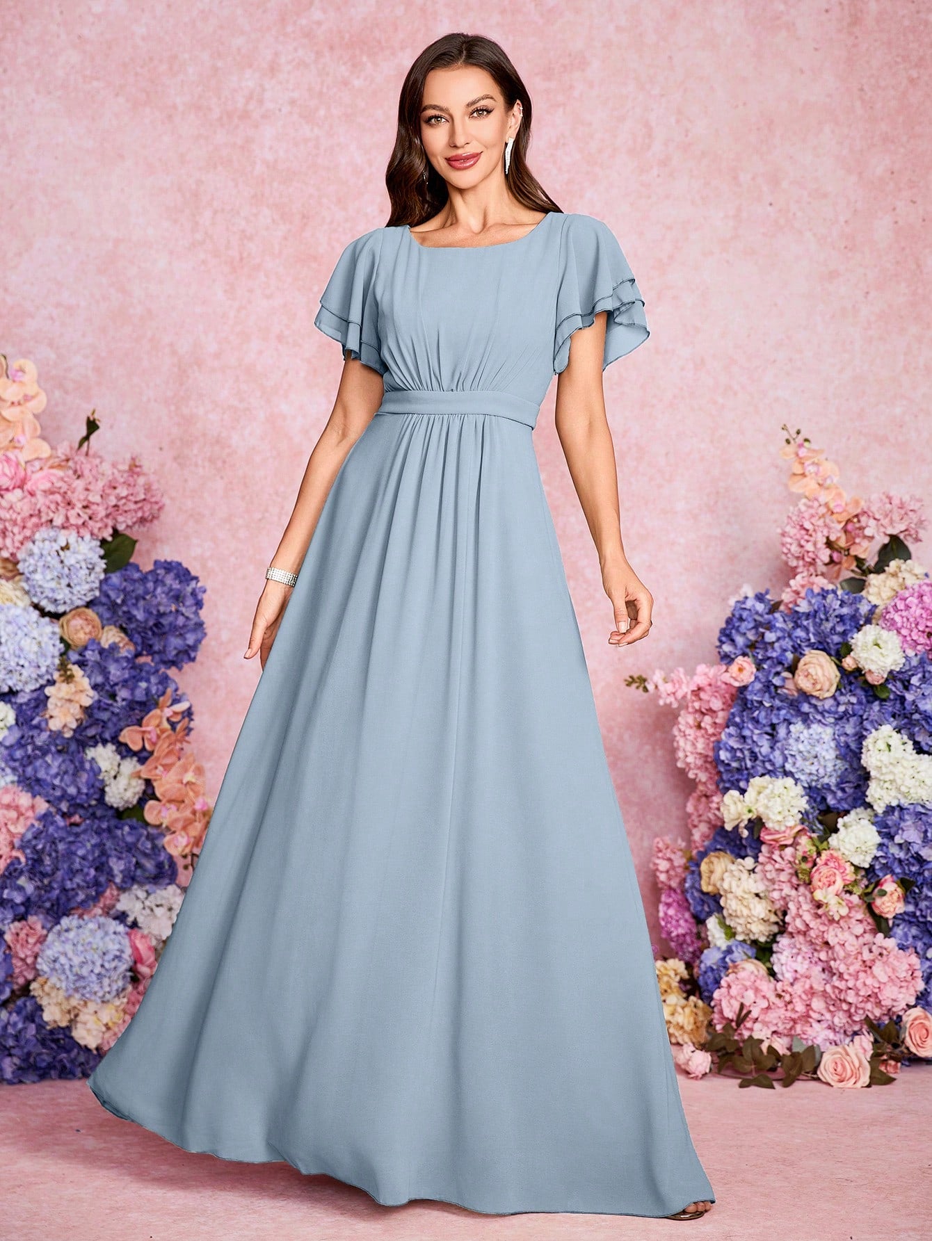 Volly Toych Elegant And Noble Chiffon Bridesmaid Dress With Ruffle Hem Short Sleeves And Round Neck, Suitable - image 9