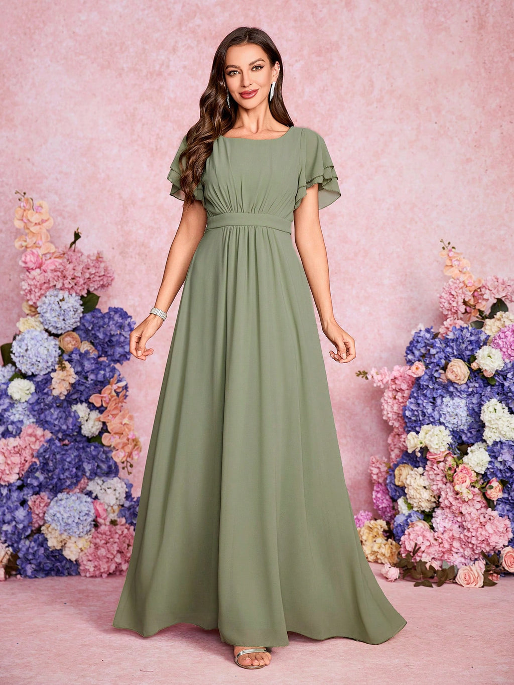 Volly Toych Elegant And Noble Chiffon Bridesmaid Dress With Ruffle Hem Short Sleeves And Round Neck, Suitable - image 15