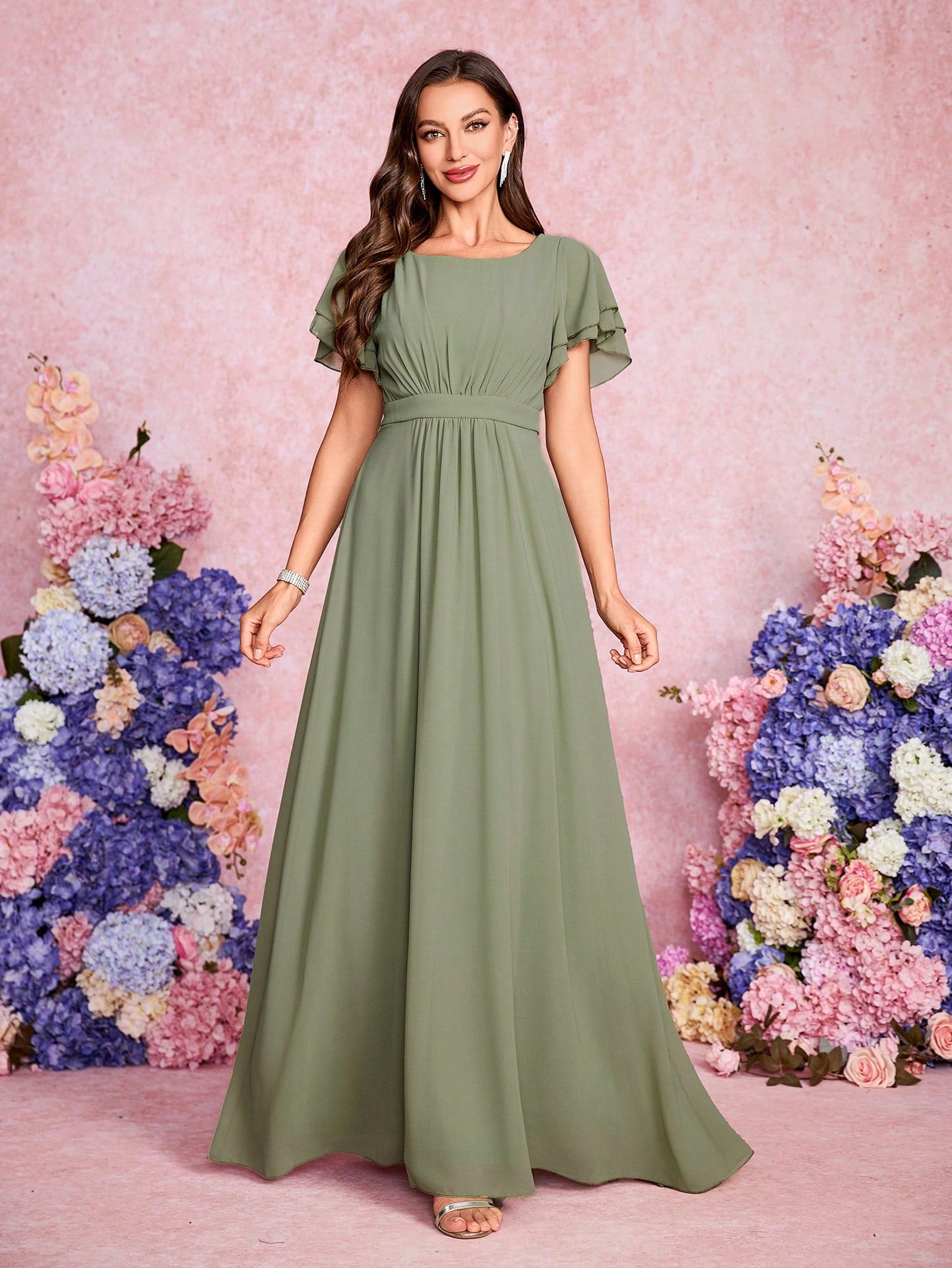 Volly Toych Elegant And Noble Chiffon Bridesmaid Dress With Ruffle Hem Short Sleeves And Round Neck, Suitable - image 15