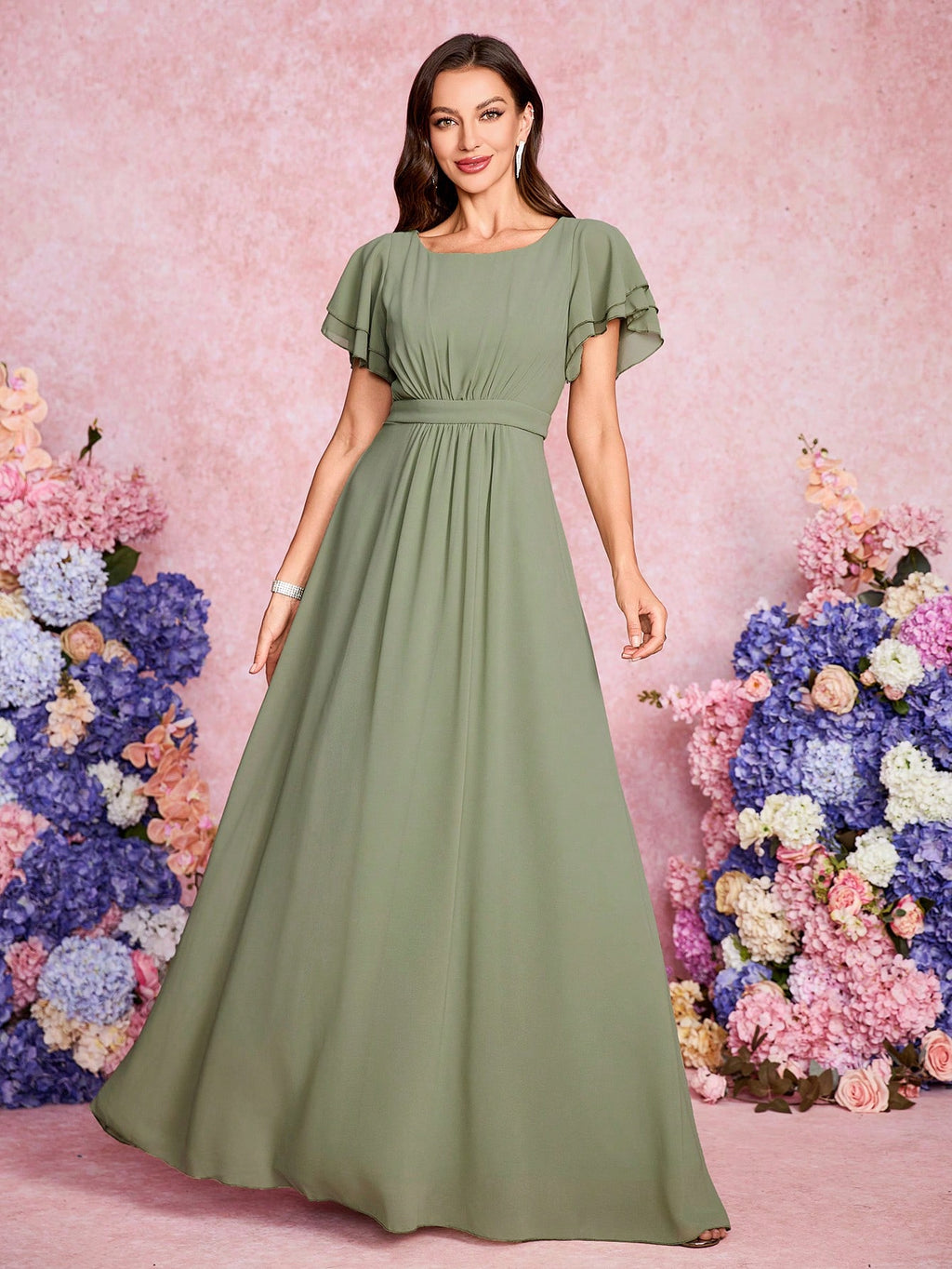 Volly Toych Elegant And Noble Chiffon Bridesmaid Dress With Ruffle Hem Short Sleeves And Round Neck, Suitable - image 17