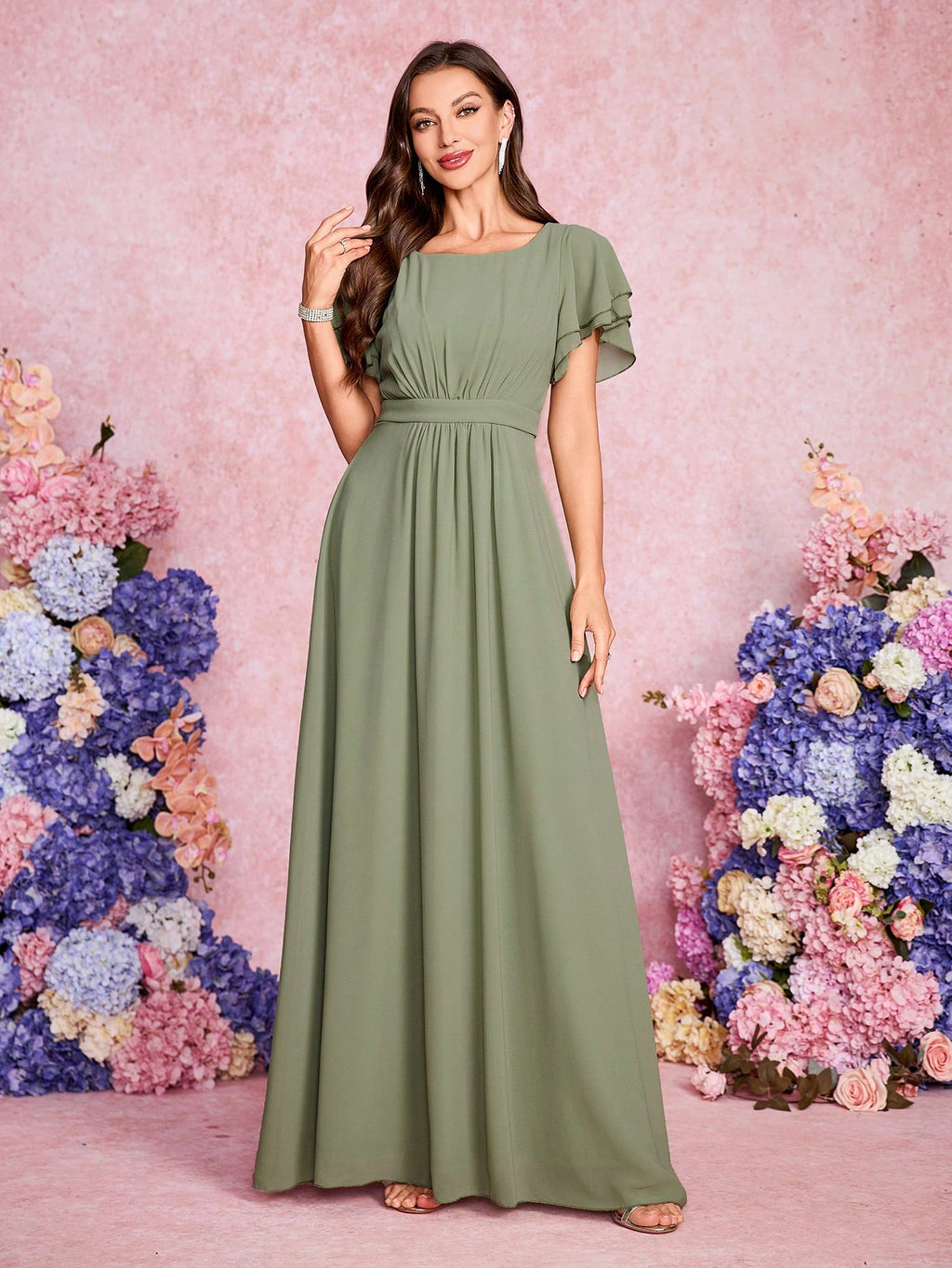 Volly Toych Elegant And Noble Chiffon Bridesmaid Dress With Ruffle Hem Short Sleeves And Round Neck, Suitable - image 16