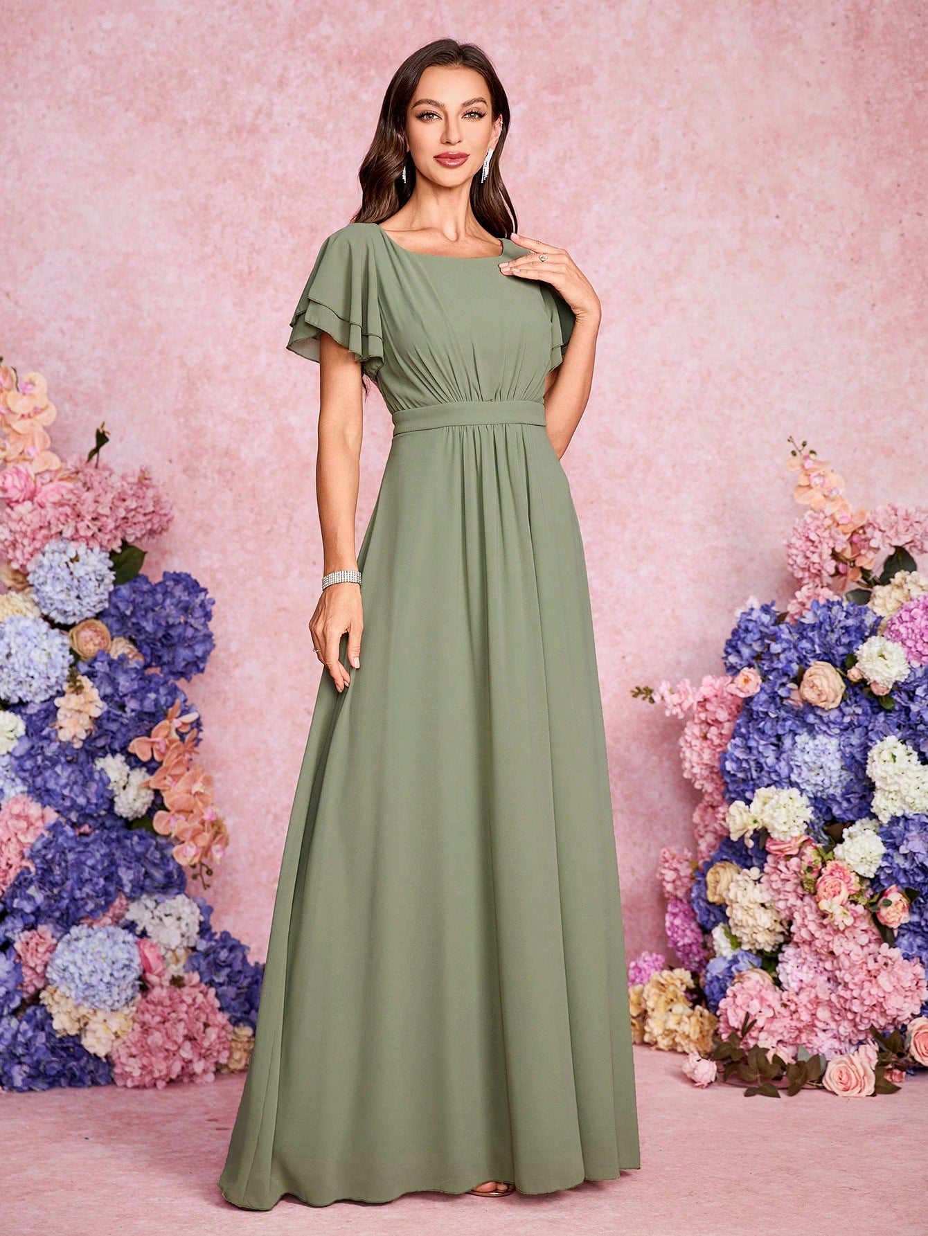 Volly Toych Elegant And Noble Chiffon Bridesmaid Dress With Ruffle Hem Short Sleeves And Round Neck, Suitable - image 13