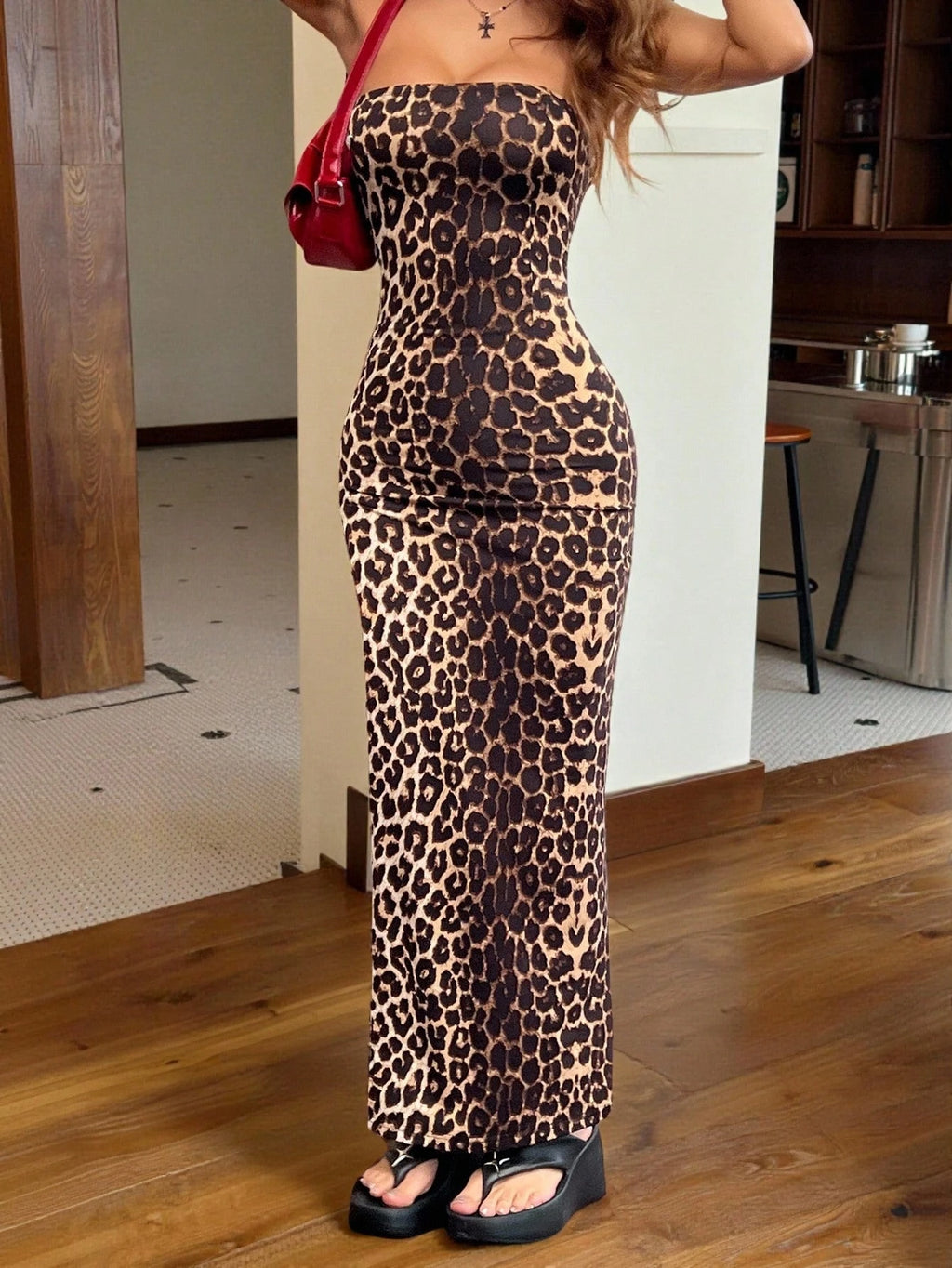EZwear Women's Sexy Leopard Print Slit Bandeau Dress, Summer,Summer