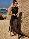 Women's Sexy Sleeveless Sheer Slit Hem Beach Cover Up Casual Dress For Summer Black Elegant, Maxi
