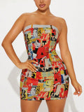 Women's Street Fashion Party Rock Print Color Block Mini Dress White