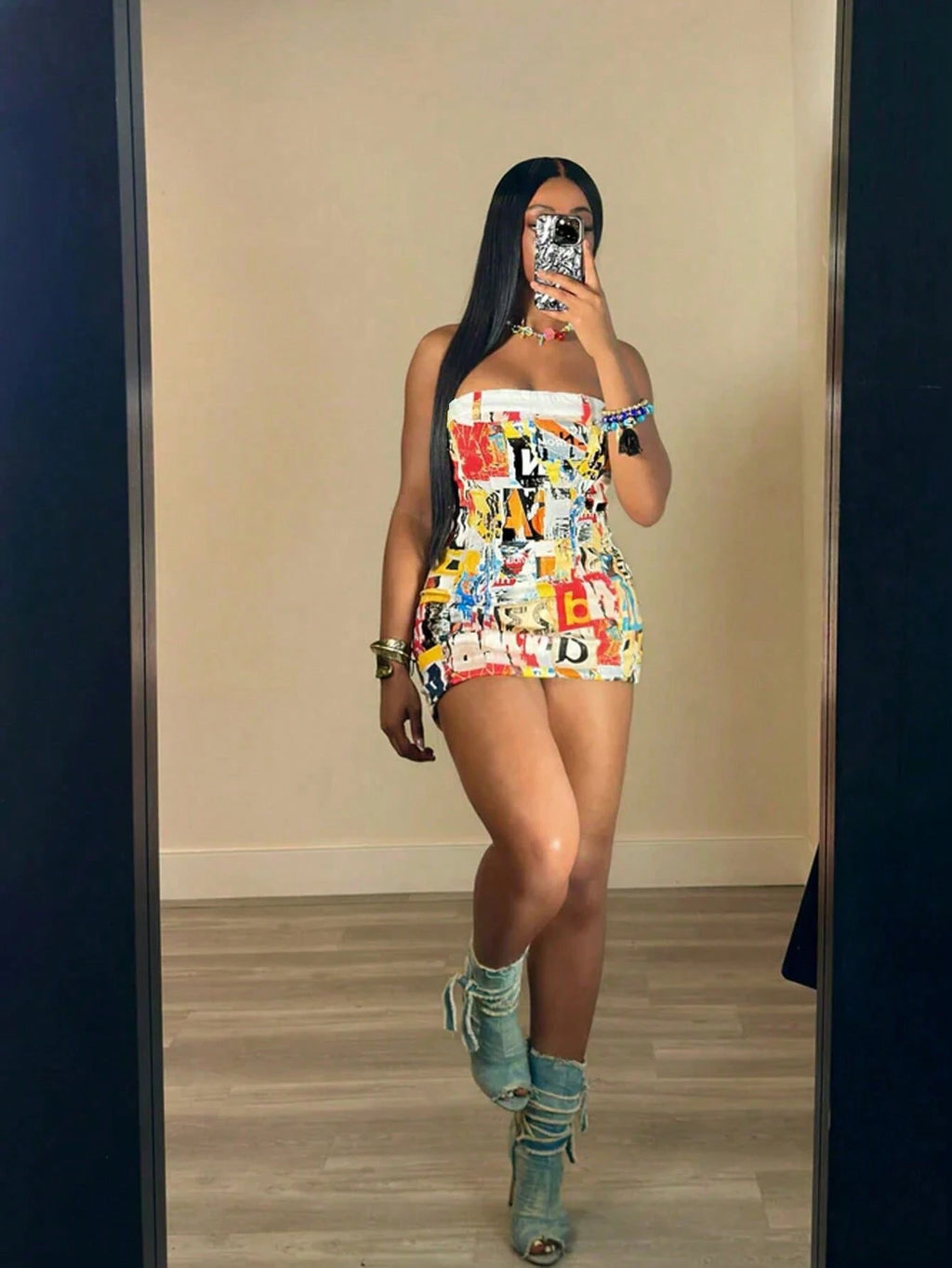 Women's Street Fashion Party Rock Print Color Block Mini Dress White
