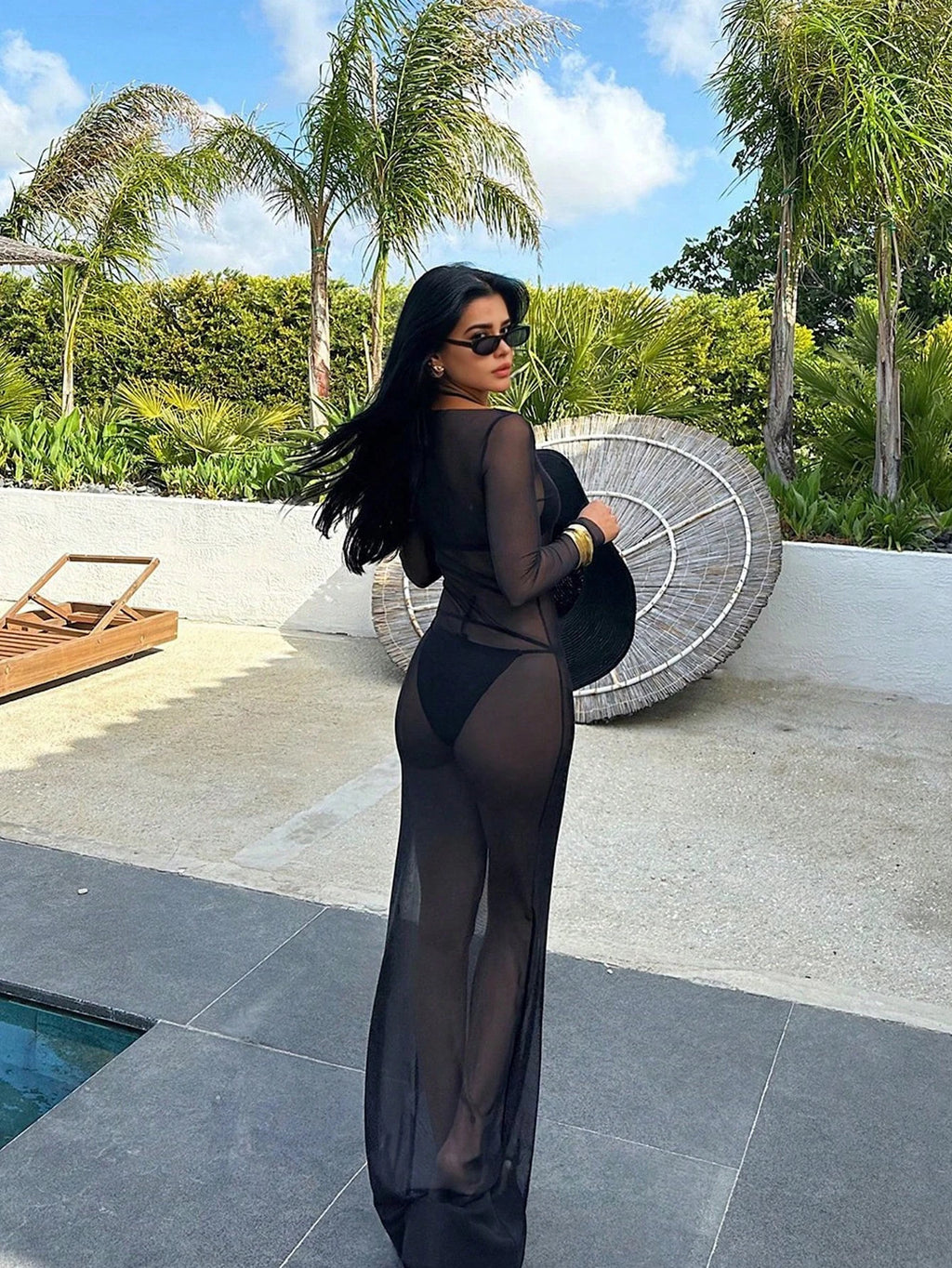 Women's Sexy Bodycon Mesh Sheer Off Shoulder Long Sleeve Dress,